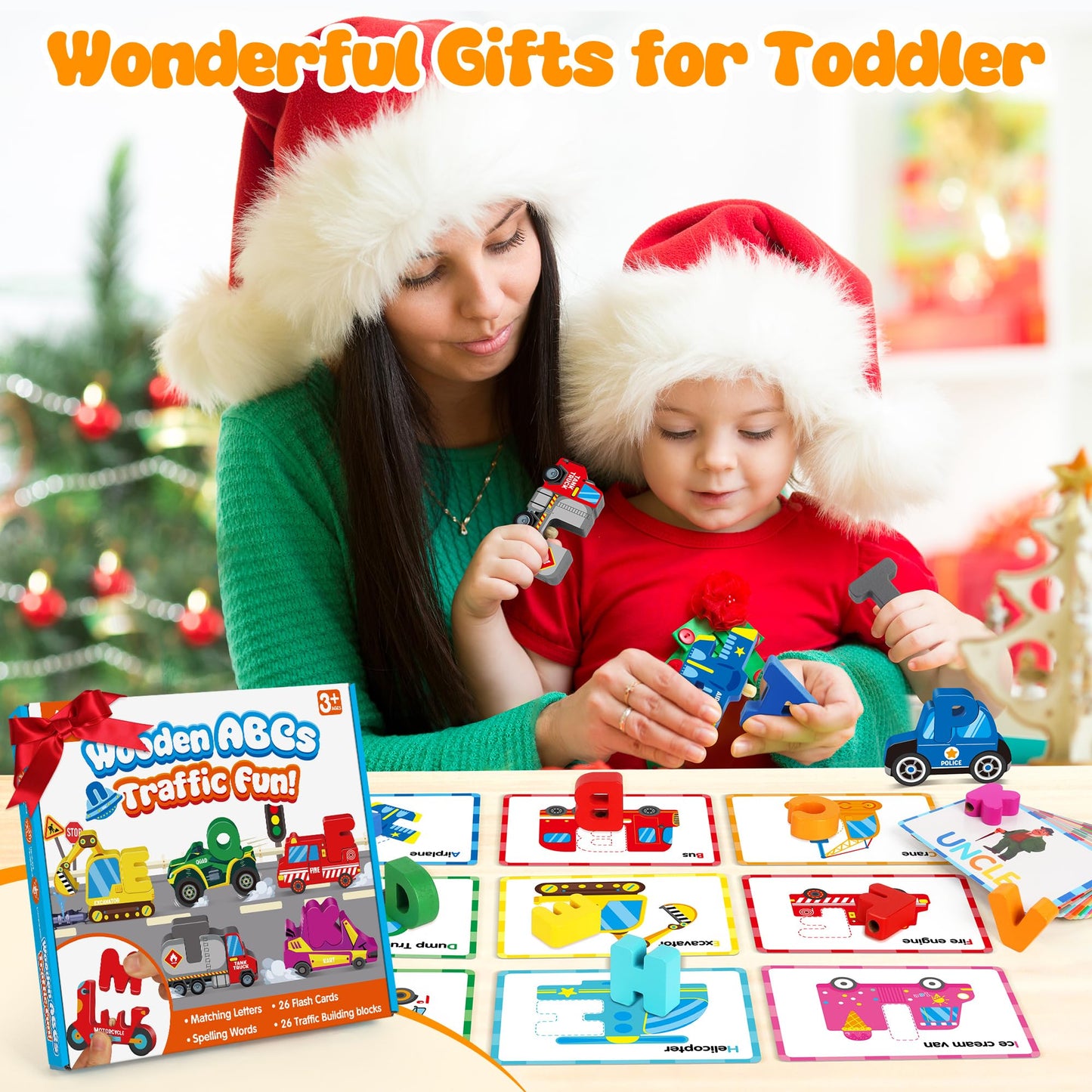 Vanmor Wooden Vehicle Alphabet Puzzle for Toddlers — 52 Blocks & 26 Flash Cards