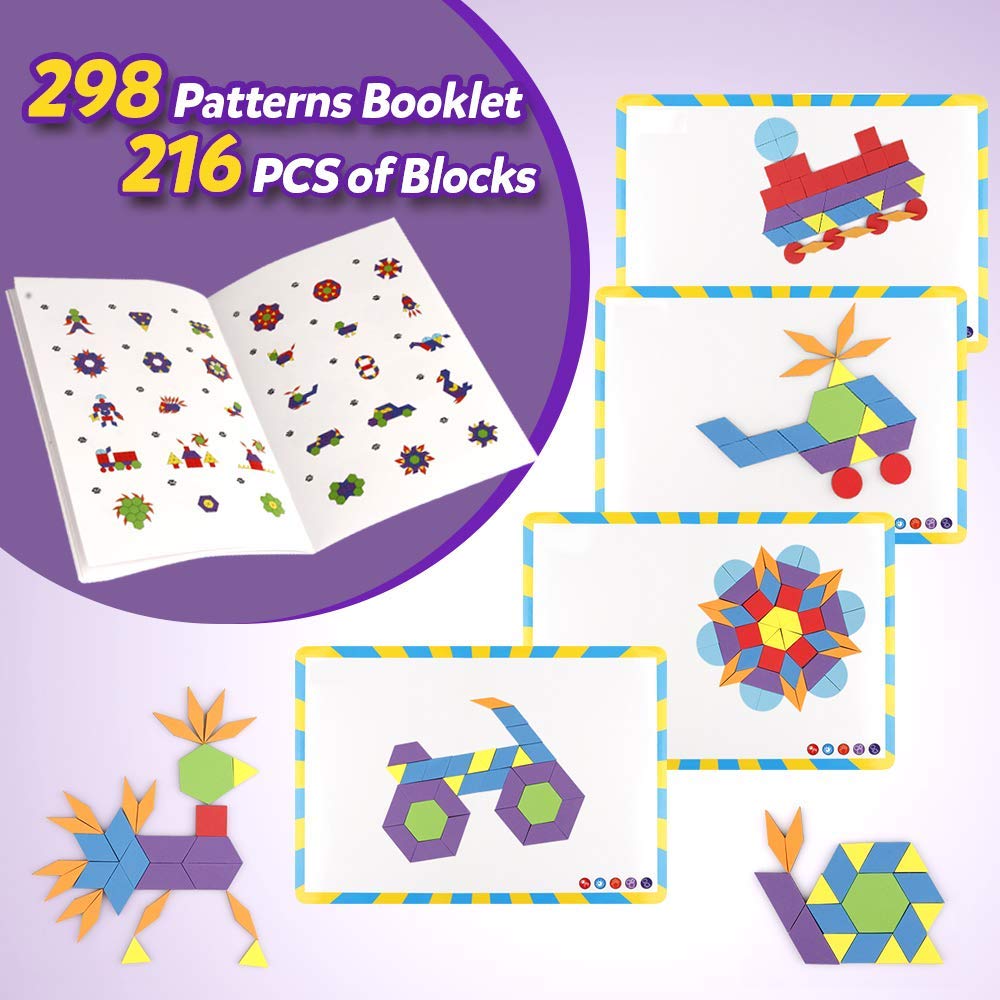 Vanmor 216PCS Magnetic Pattern Blocks Set – 298-Pattern Book & Magnetic Board | Educational Tangram Toy for Kids 3-8