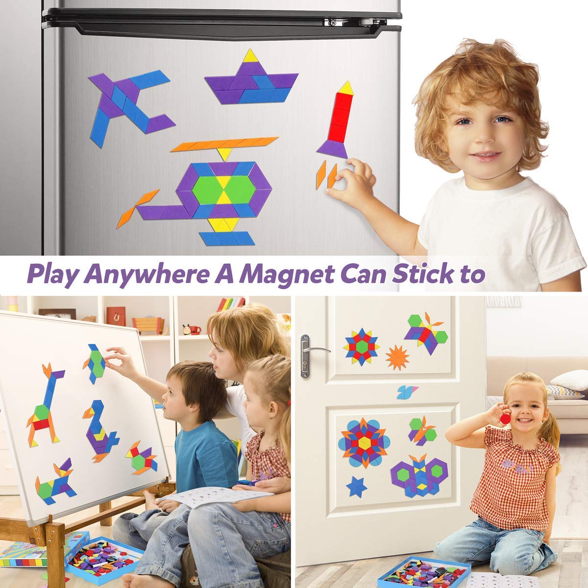 Vanmor 216PCS Magnetic Pattern Blocks Set – 298-Pattern Book & Magnetic Board | Educational Tangram Toy for Kids 3-8