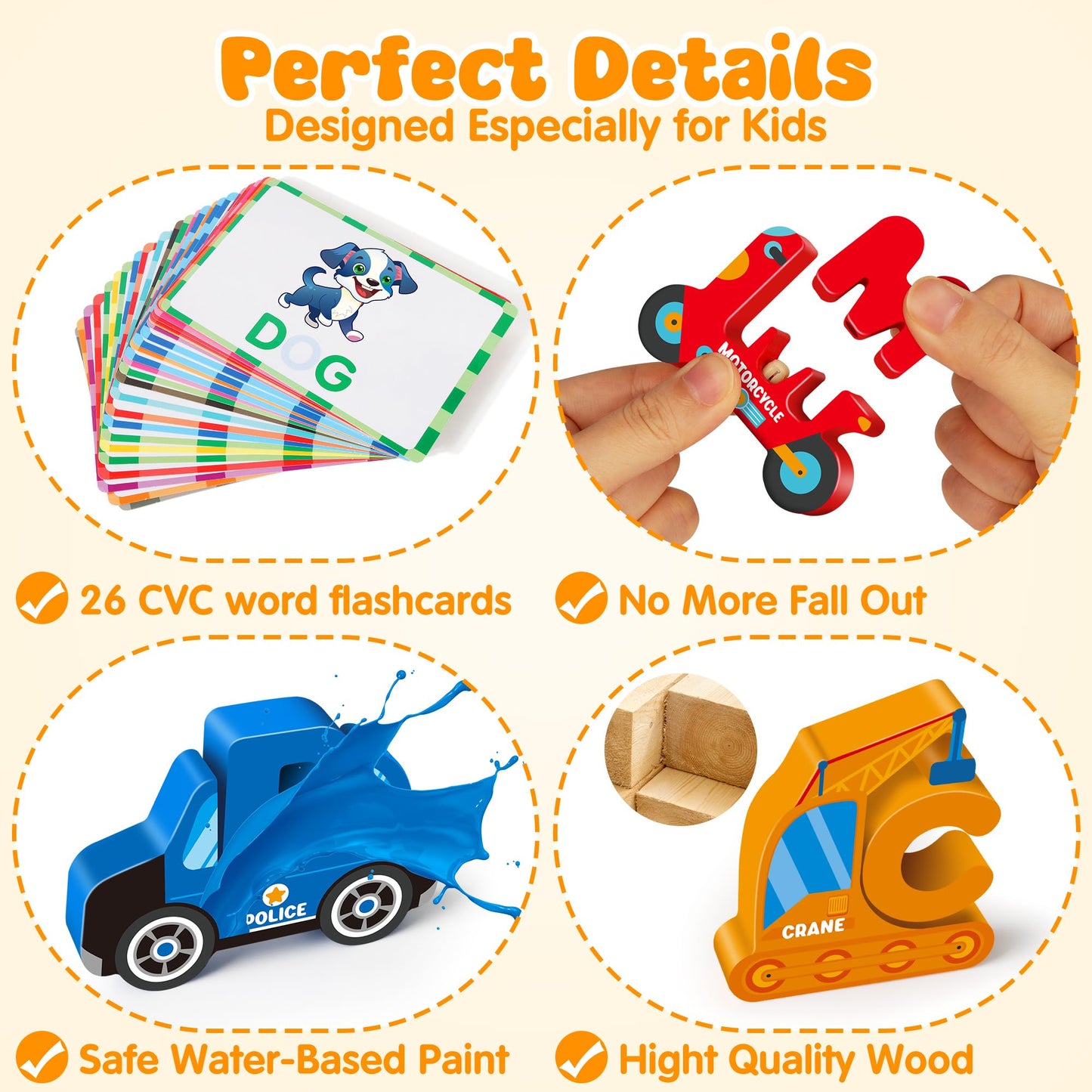 Vanmor Wooden Vehicle Alphabet Puzzle for Toddlers — 52 Blocks & 26 Flash Cards