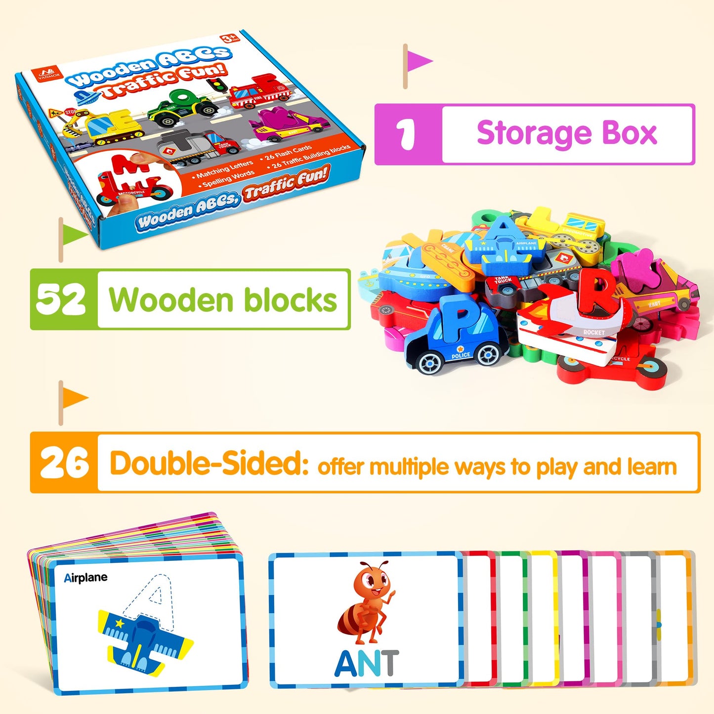 Vanmor Wooden Vehicle Alphabet Puzzle for Toddlers — 52 Blocks & 26 Flash Cards