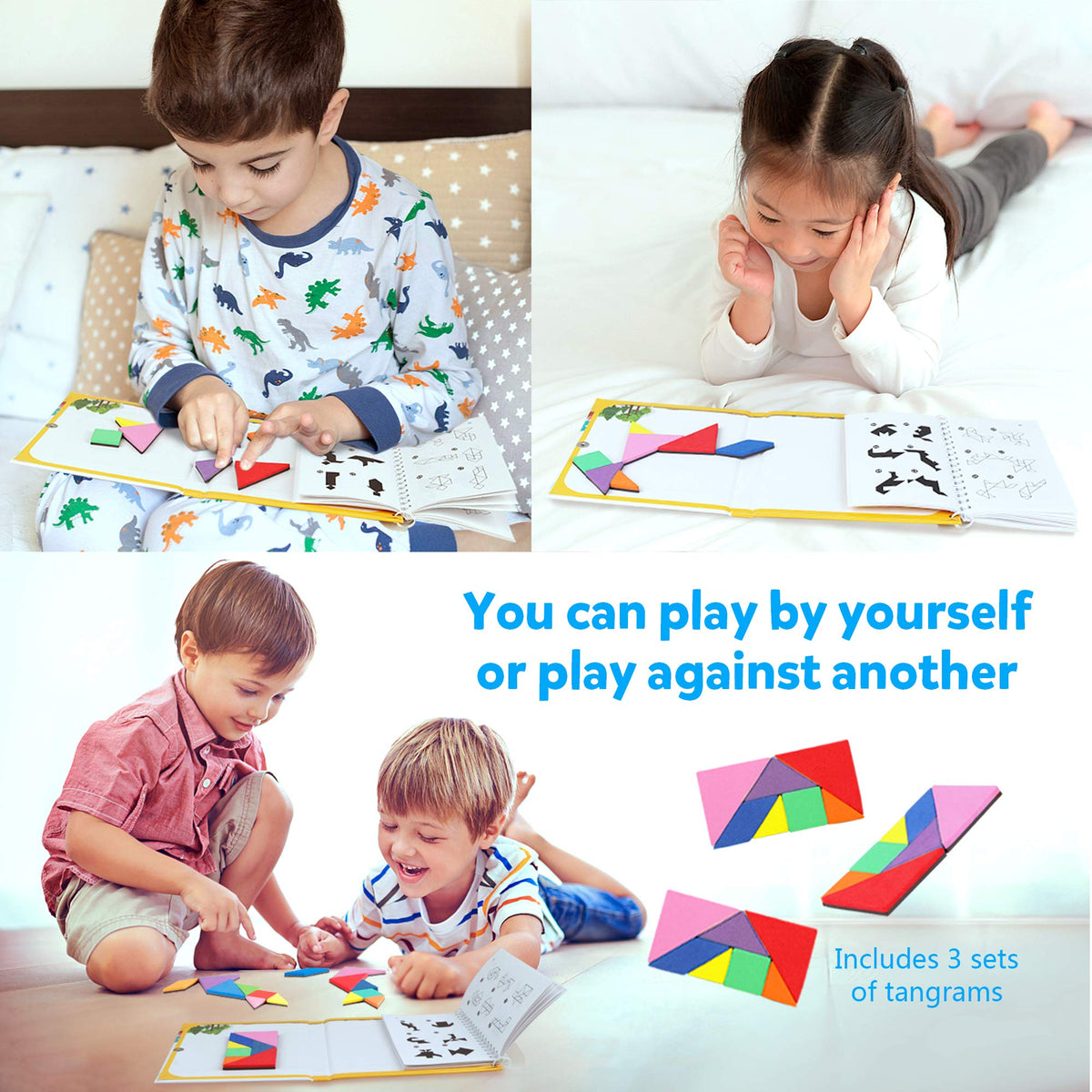 Vanmor Travel Tangram Puzzle — 3 Magnetic Sets with 240 Solutions | Montessori Shape Blocks
