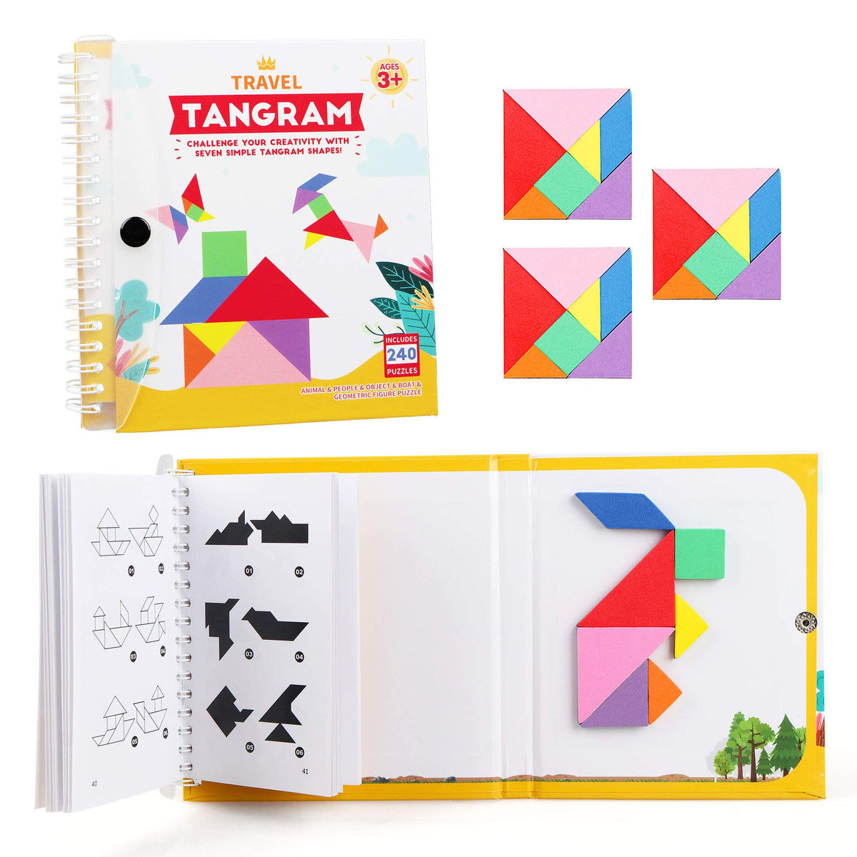 Vanmor Travel Tangram Puzzle — 3 Magnetic Sets with 240 Solutions | Montessori Shape Blocks