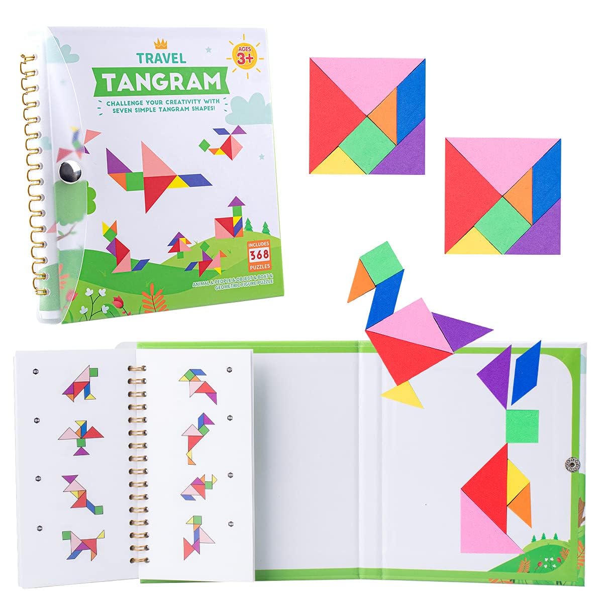 Vanmor Travel Tangram Puzzle – Magnetic Plate Blocks for Road Trips, 368 Challenges