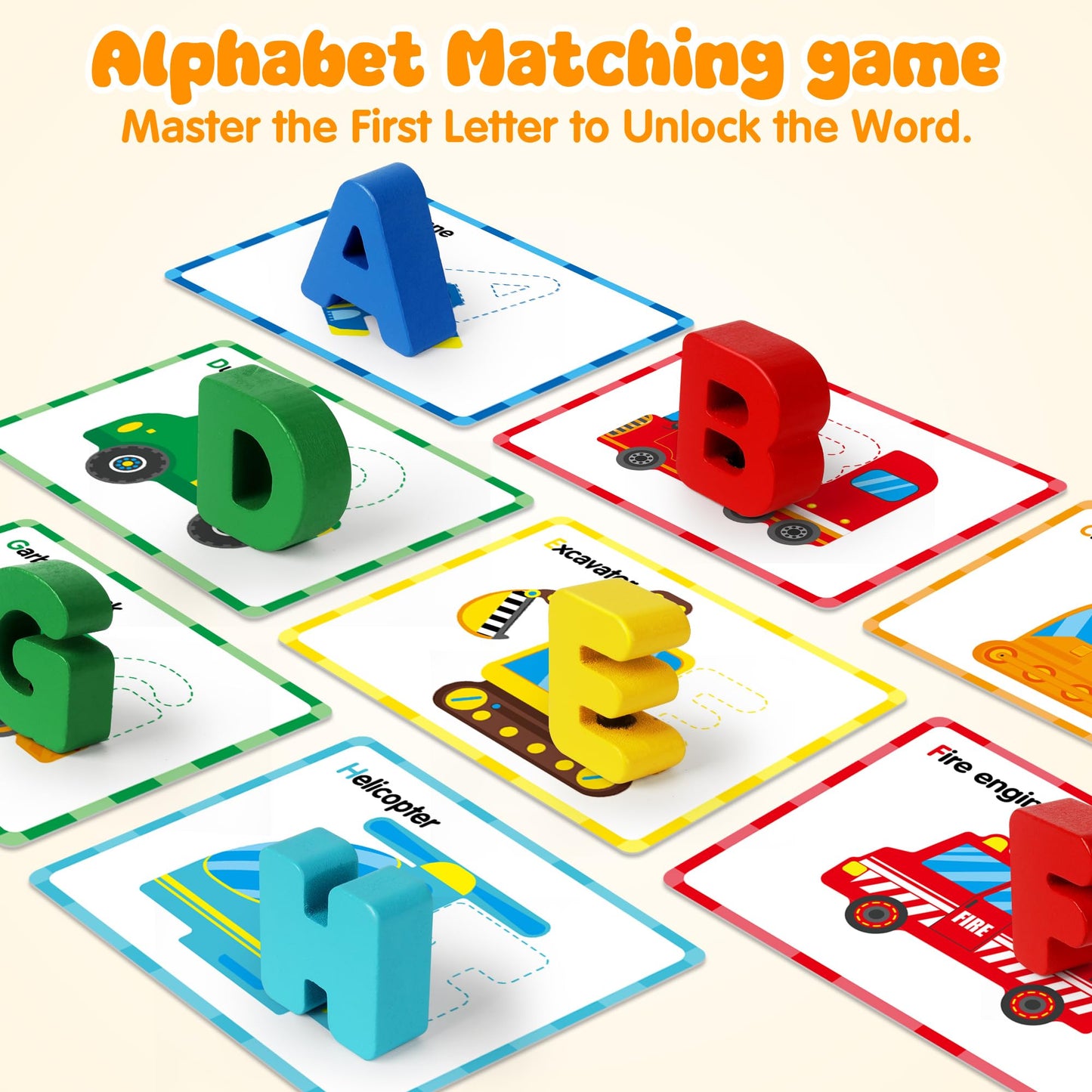 Vanmor Wooden Vehicle Alphabet Puzzle for Toddlers — 52 Blocks & 26 Flash Cards