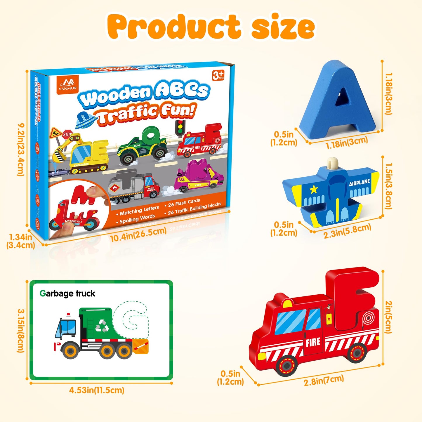 Vanmor Wooden Vehicle Alphabet Puzzle for Toddlers — 52 Blocks & 26 Flash Cards