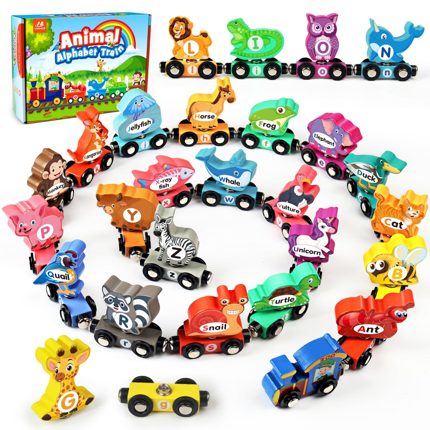 Vanmor Wooden Train Set for Toddlers – Snap-Connection Alphabet & Animal Trains | STEM Preschool Toy 3-5
