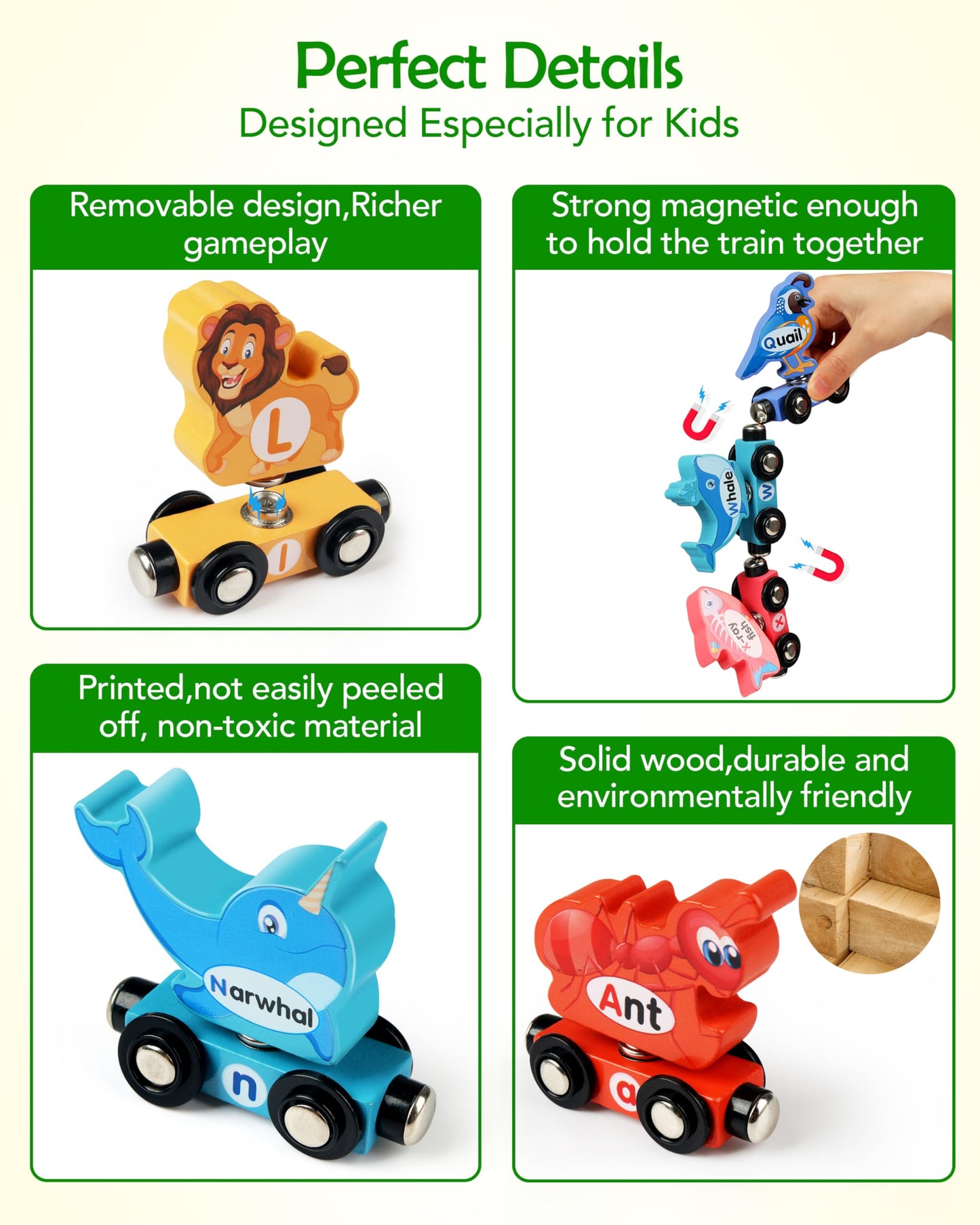 Vanmor Wooden Train Set for Toddlers – Snap-Connection Alphabet & Animal Trains | STEM Preschool Toy 3-5