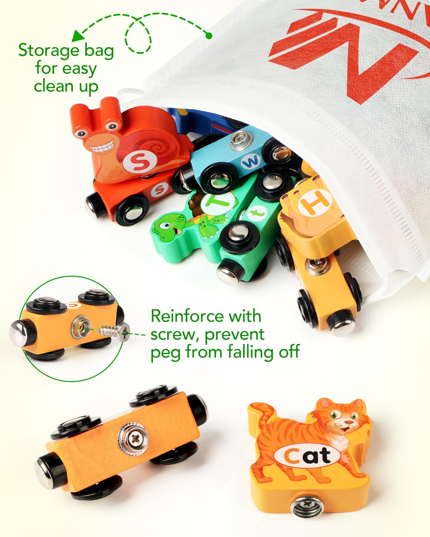 Vanmor Wooden Train Set for Toddlers – Snap-Connection Alphabet & Animal Trains | STEM Preschool Toy 3-5