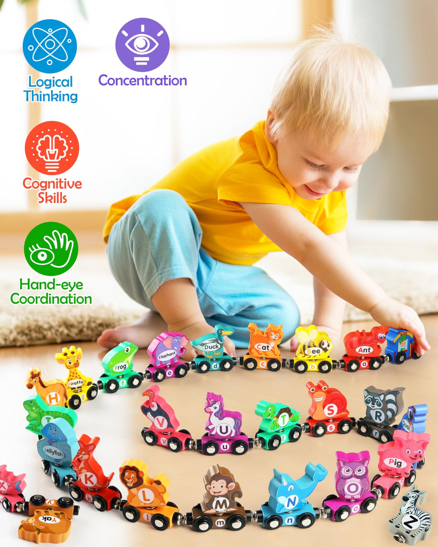 Vanmor Wooden Train Set for Toddlers – Snap-Connection Alphabet & Animal Trains | STEM Preschool Toy 3-5