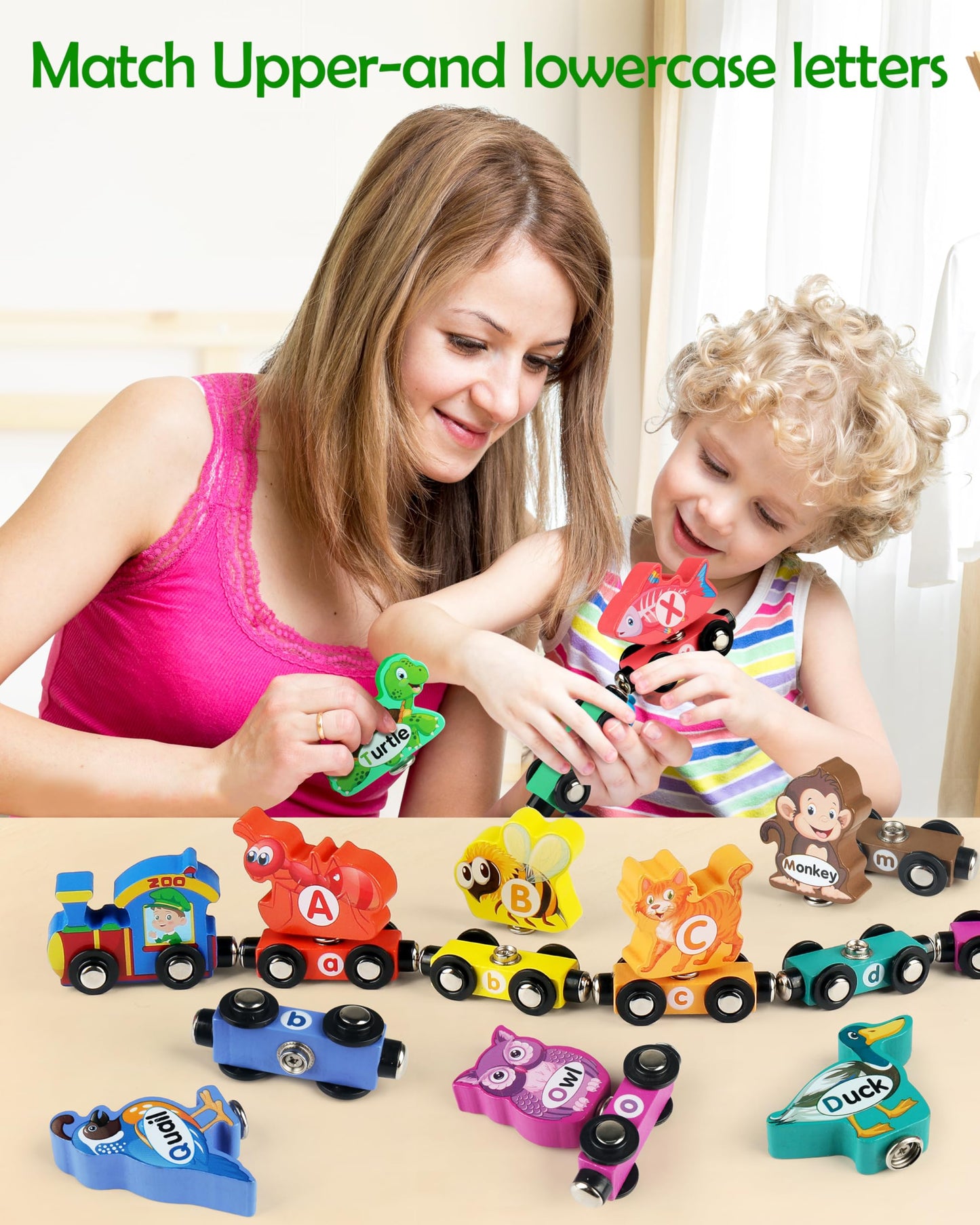 Vanmor Wooden Train Set for Toddlers – Snap-Connection Alphabet & Animal Trains | STEM Preschool Toy 3-5