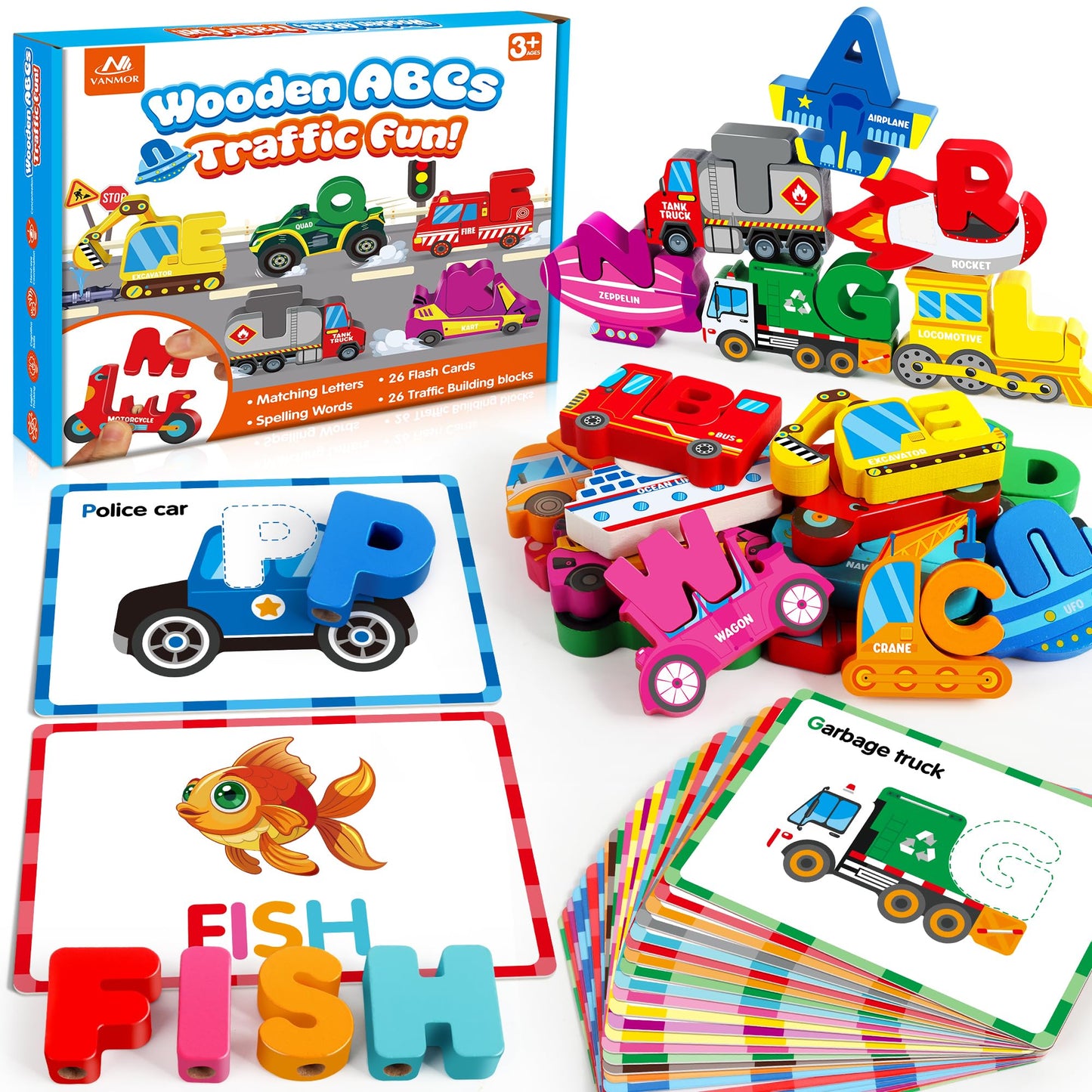 Vanmor Wooden Vehicle Alphabet Puzzle for Toddlers — 52 Blocks & 26 Flash Cards