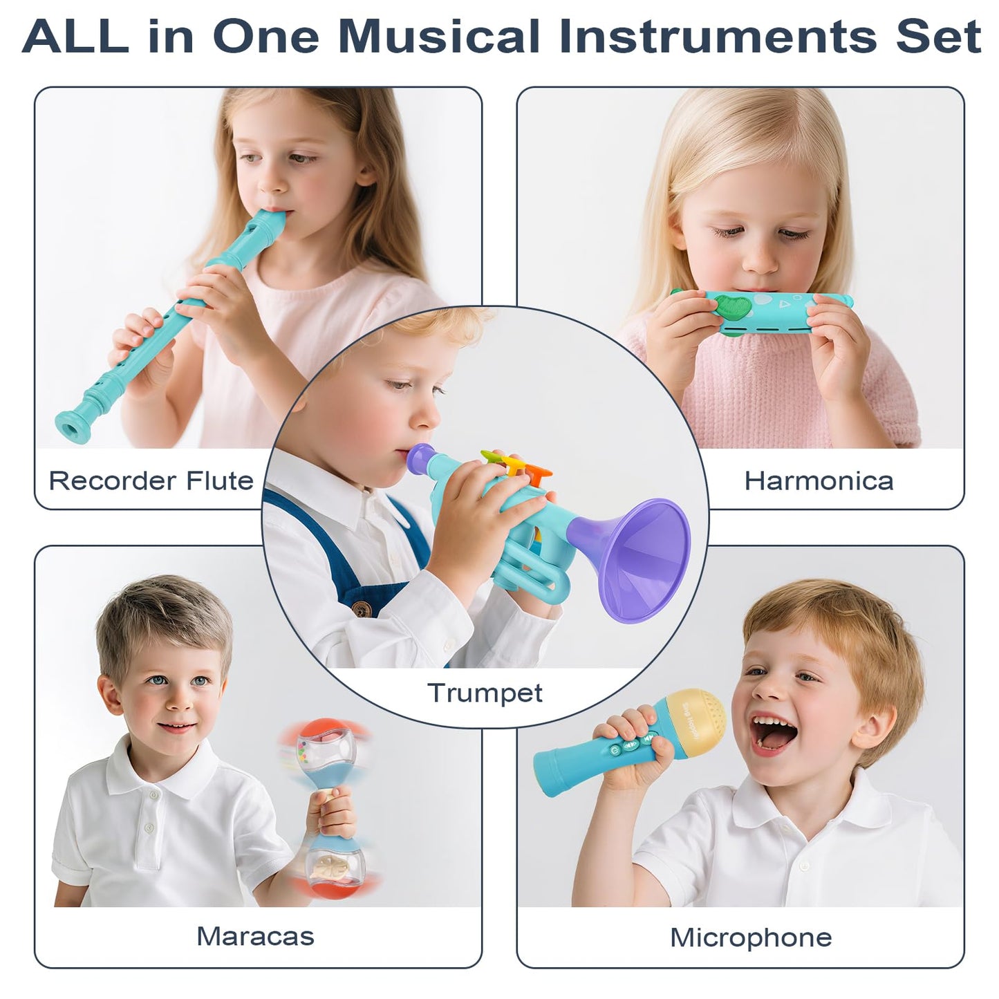 Vanplay 5-in-1 Montessori Musical Toys for Toddlers 2-4 – Trumpet Microphone Flute Harmonica Maraca