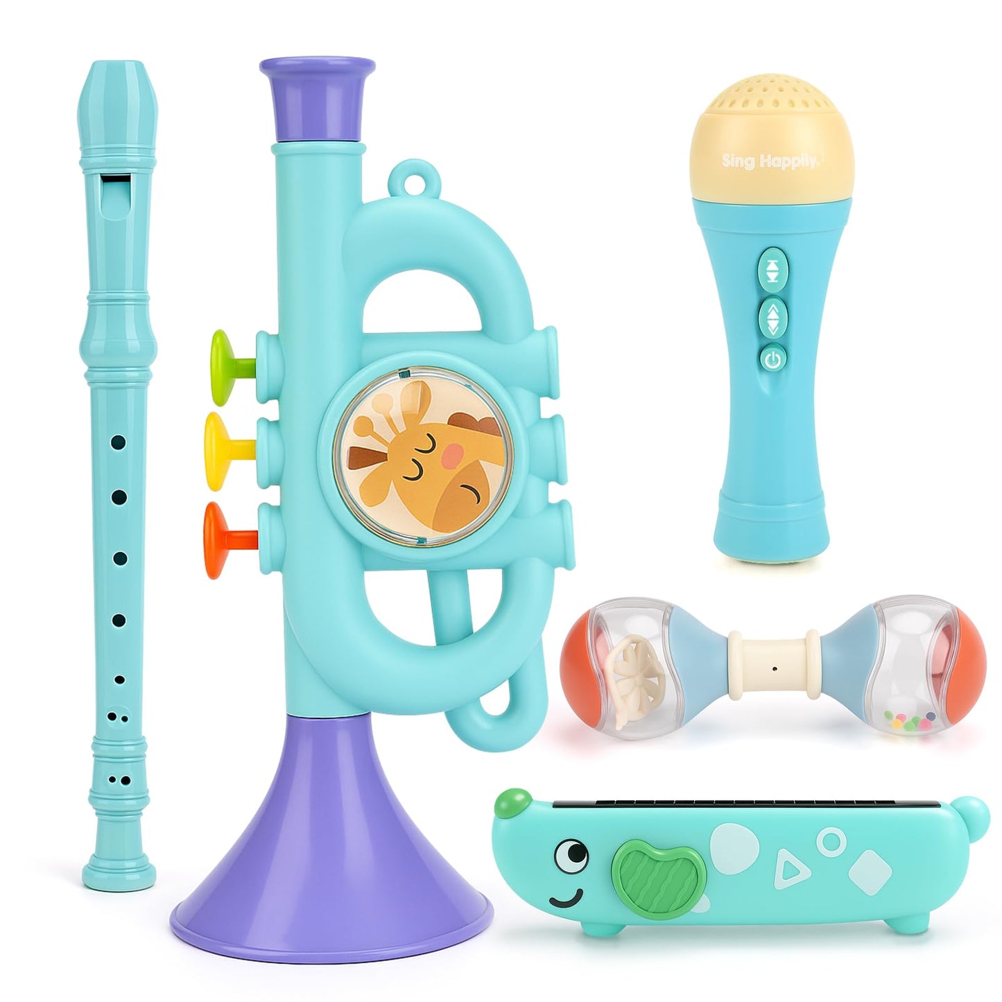 Vanplay 5-in-1 Montessori Musical Toys for Toddlers 2-4 – Trumpet Microphone Flute Harmonica Maraca