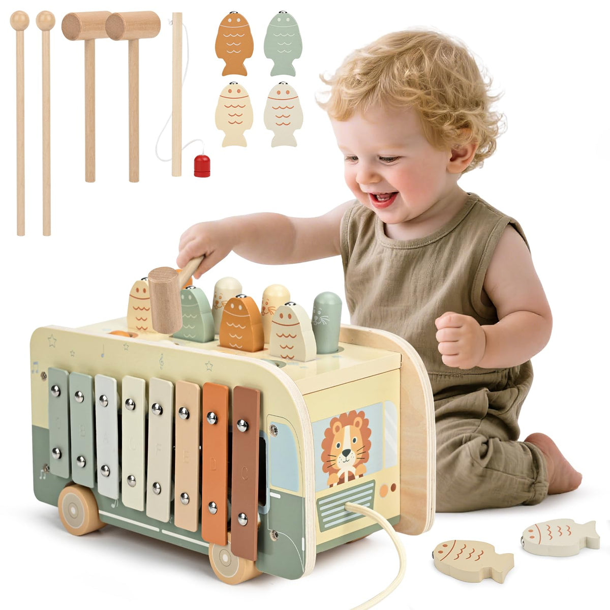 Vanplay Montessori 7-in-1 Wooden Toy for Toddlers 1 Year and Up – Hammering, Xylophone, Fishing & More
