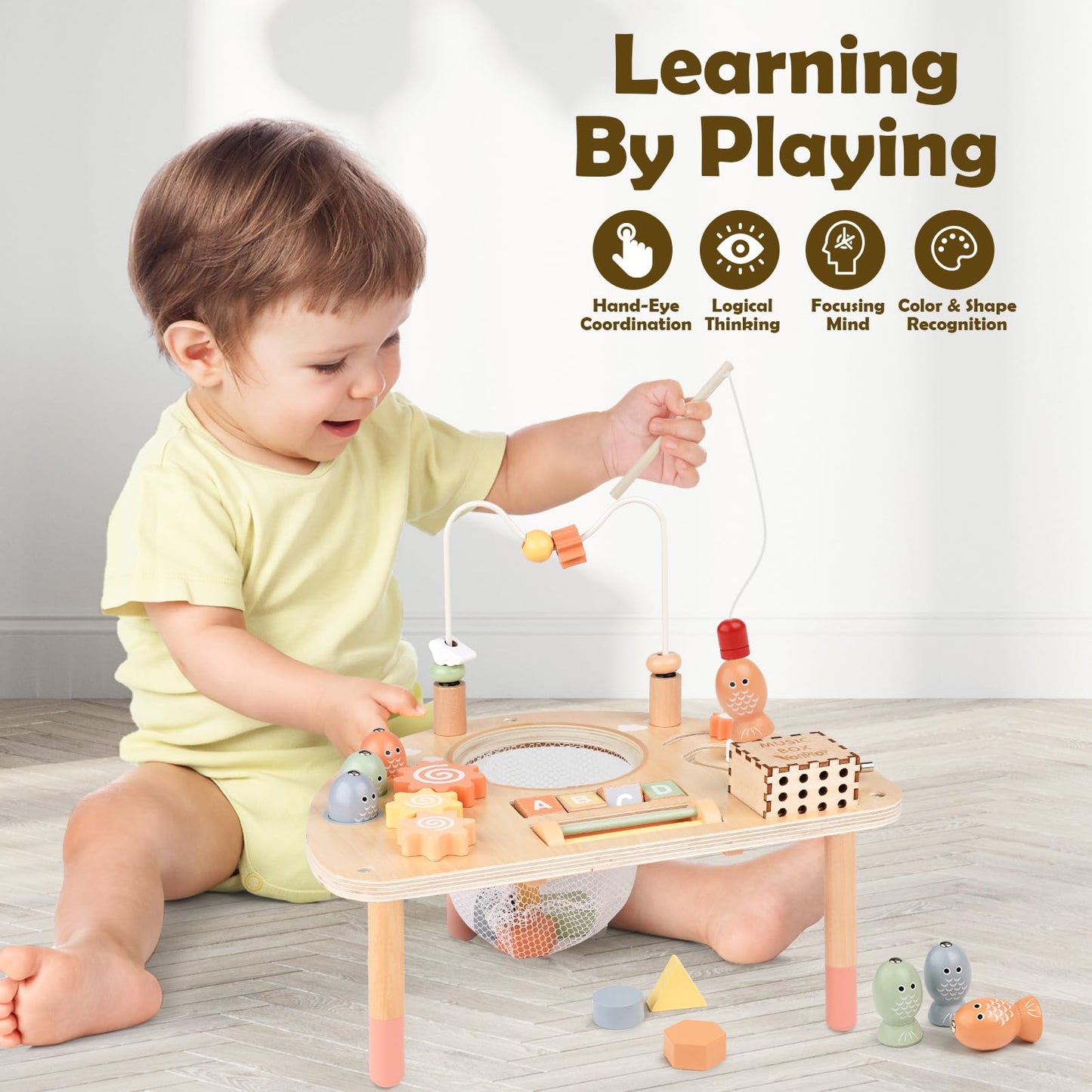 Vanplay 8-in-1 Wooden Activity Table for Toddlers – Montessori Sensory Learning Toy