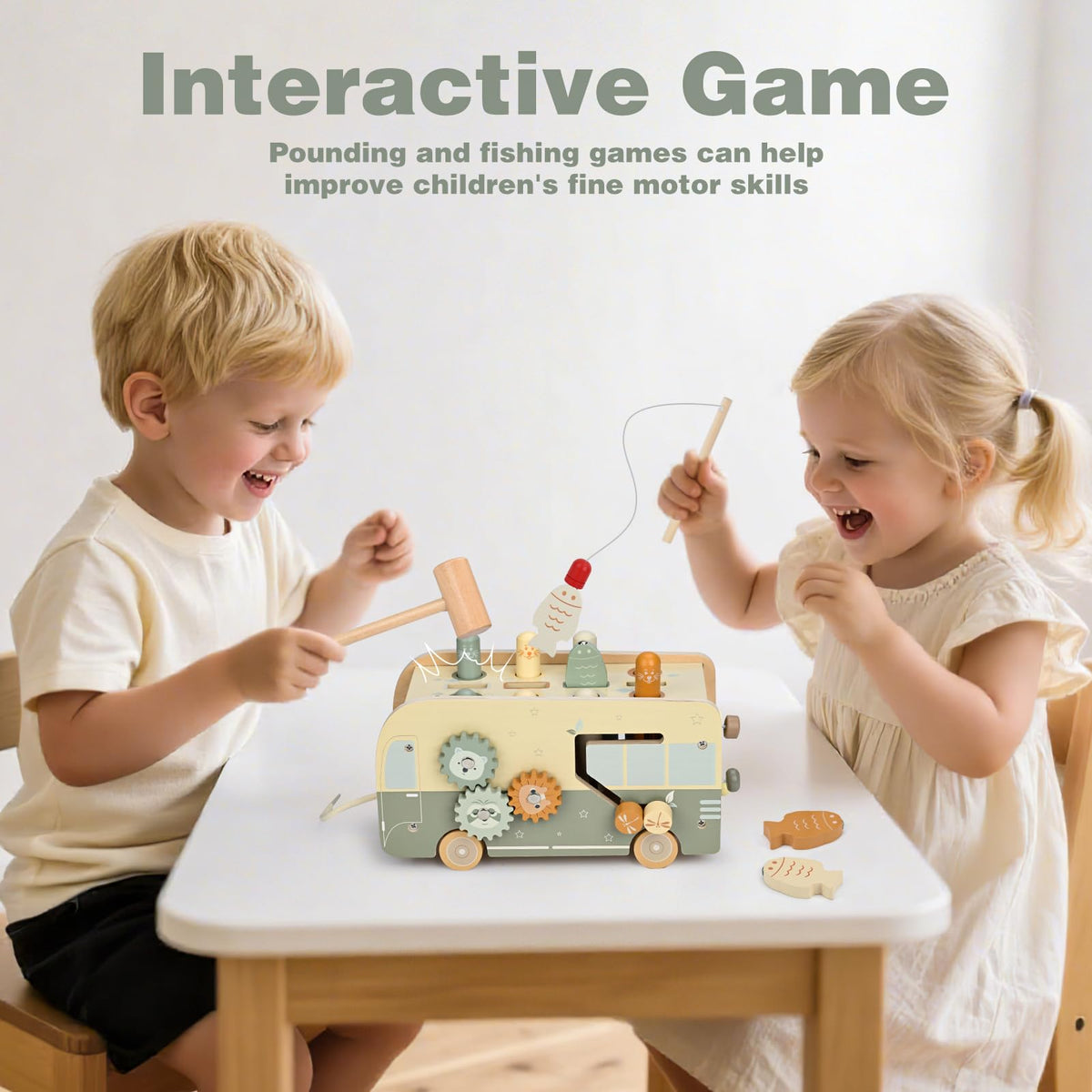 Vanplay Montessori 7-in-1 Wooden Toy for Toddlers 1 Year and Up – Hammering, Xylophone, Fishing & More