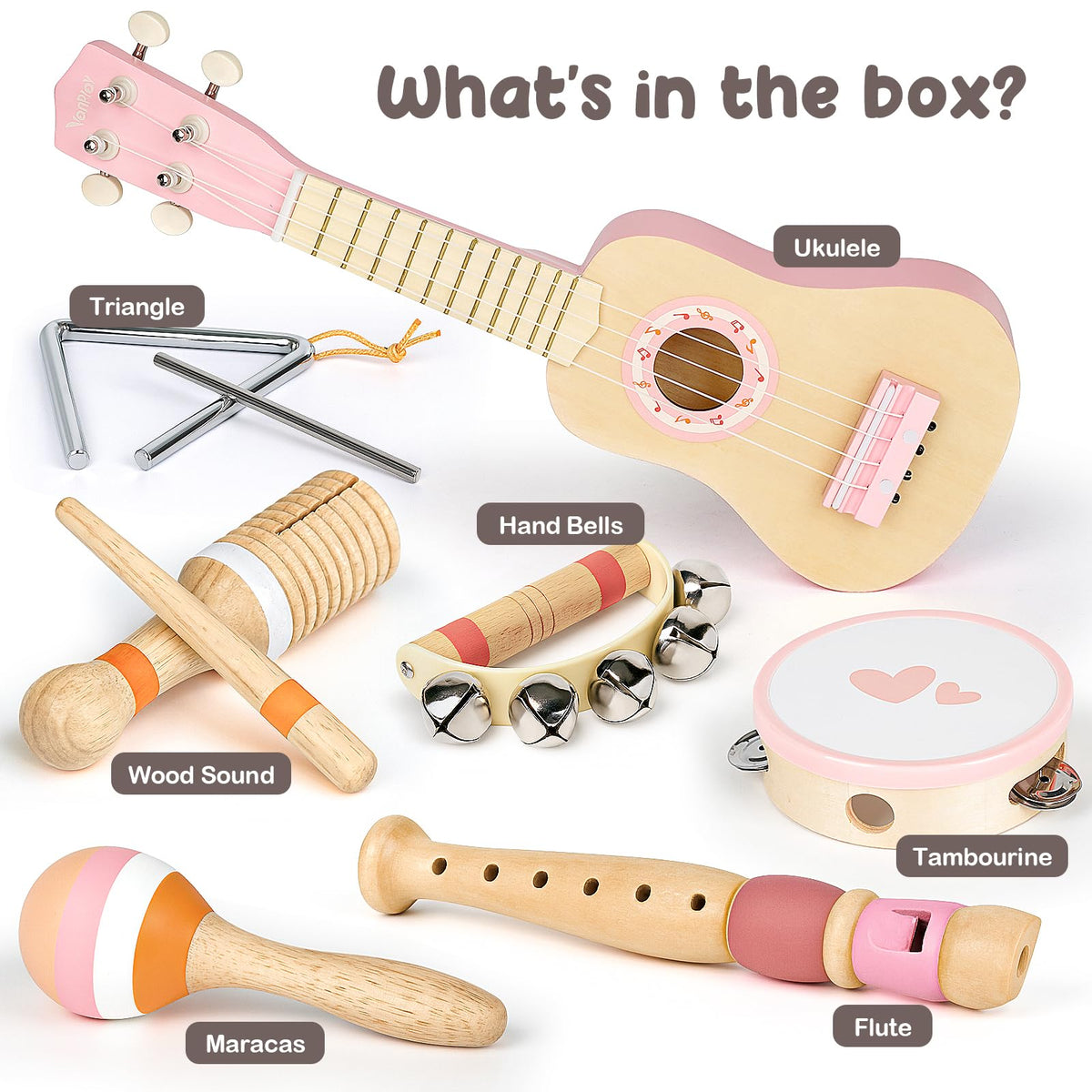 Vanplay Kids Guitar Set for Girls - 7-in-1 Wooden Montessori Musical Instruments (Pink)