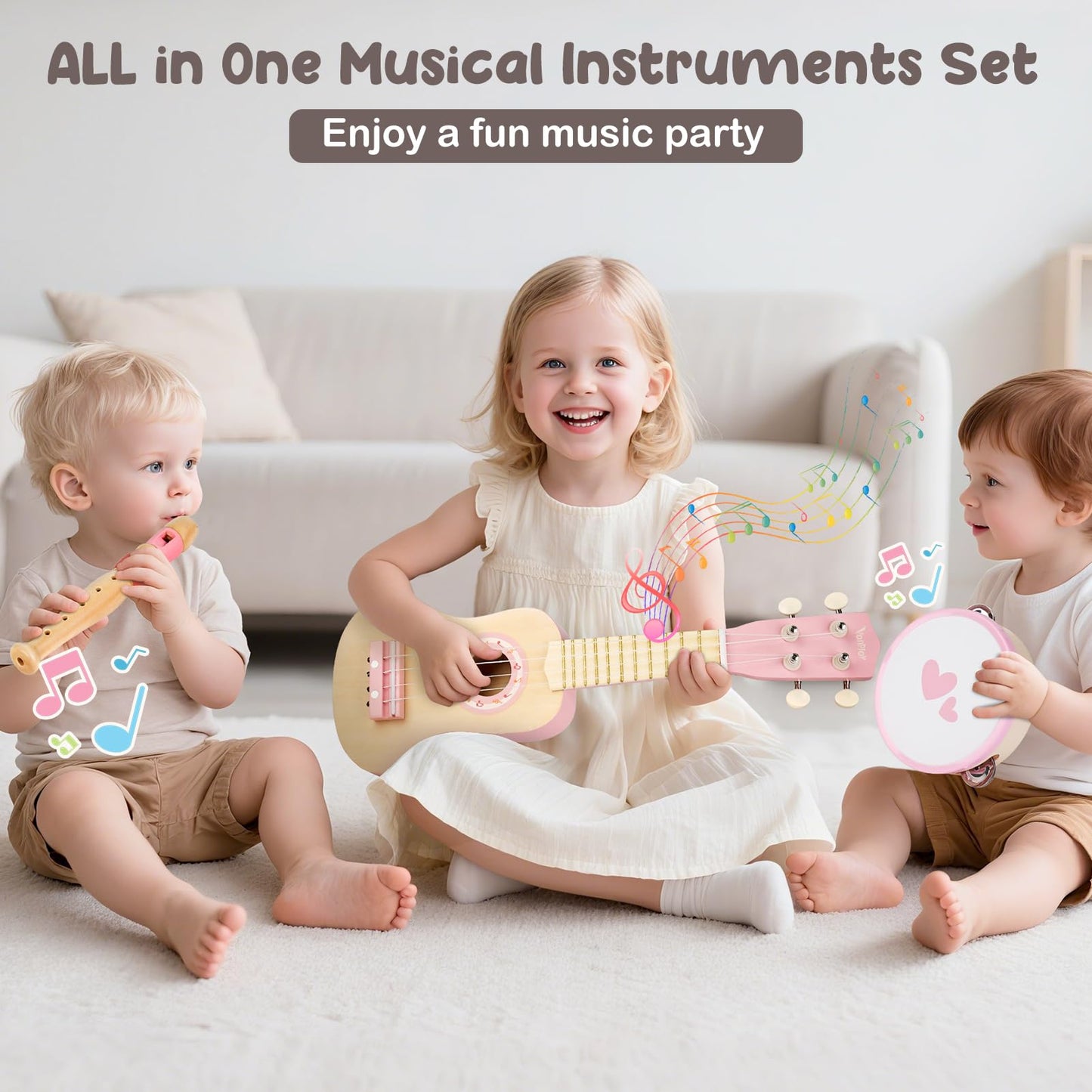 Vanplay Kids Guitar Set for Girls - 7-in-1 Wooden Montessori Musical Instruments (Pink)