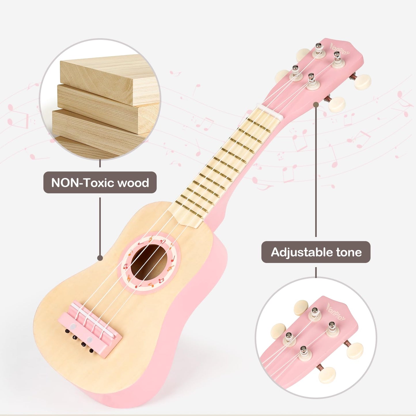 Vanplay Kids Guitar Set for Girls - 7-in-1 Wooden Montessori Musical Instruments (Pink)
