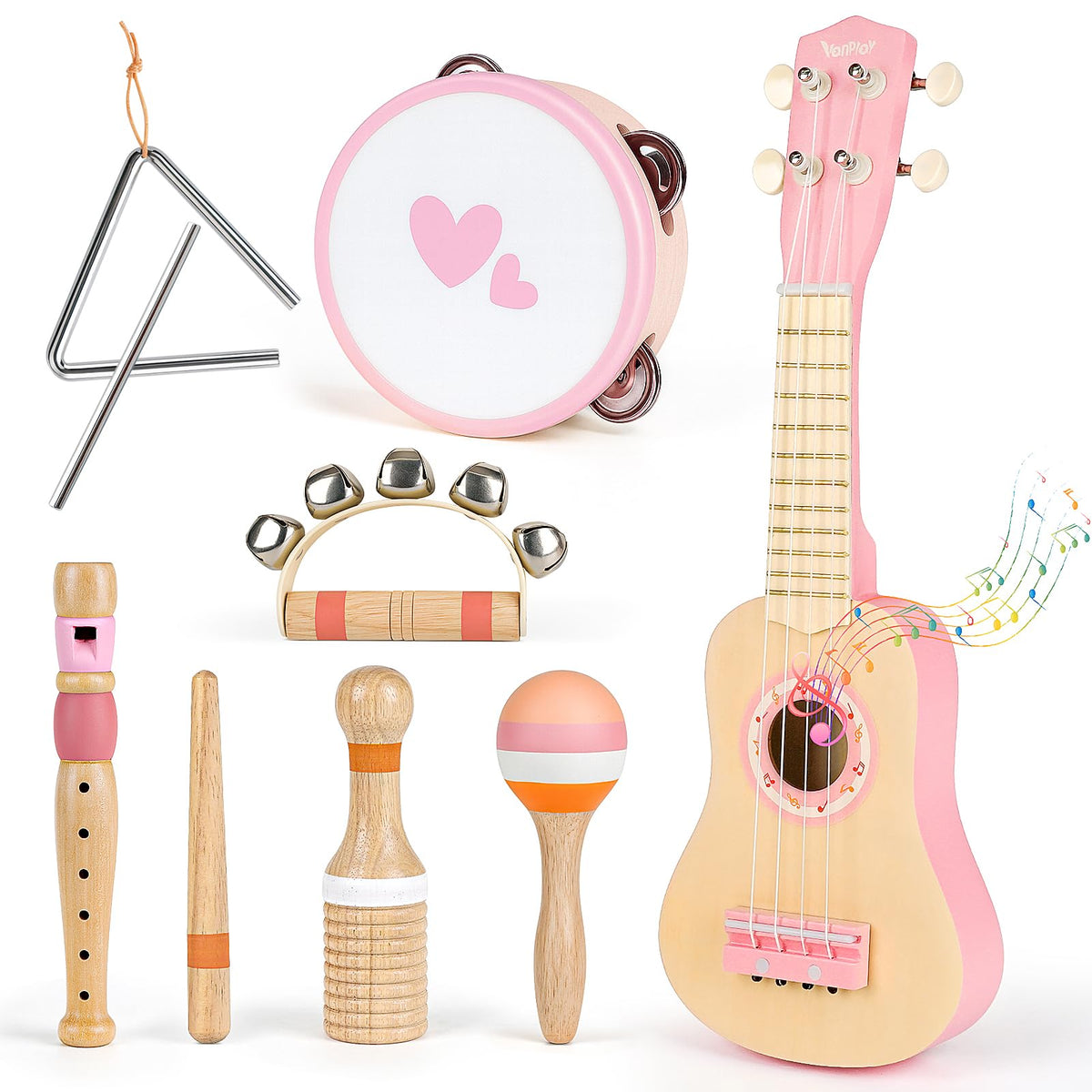 Vanplay Kids Guitar Set for Girls - 7-in-1 Wooden Montessori Musical Instruments (Pink)