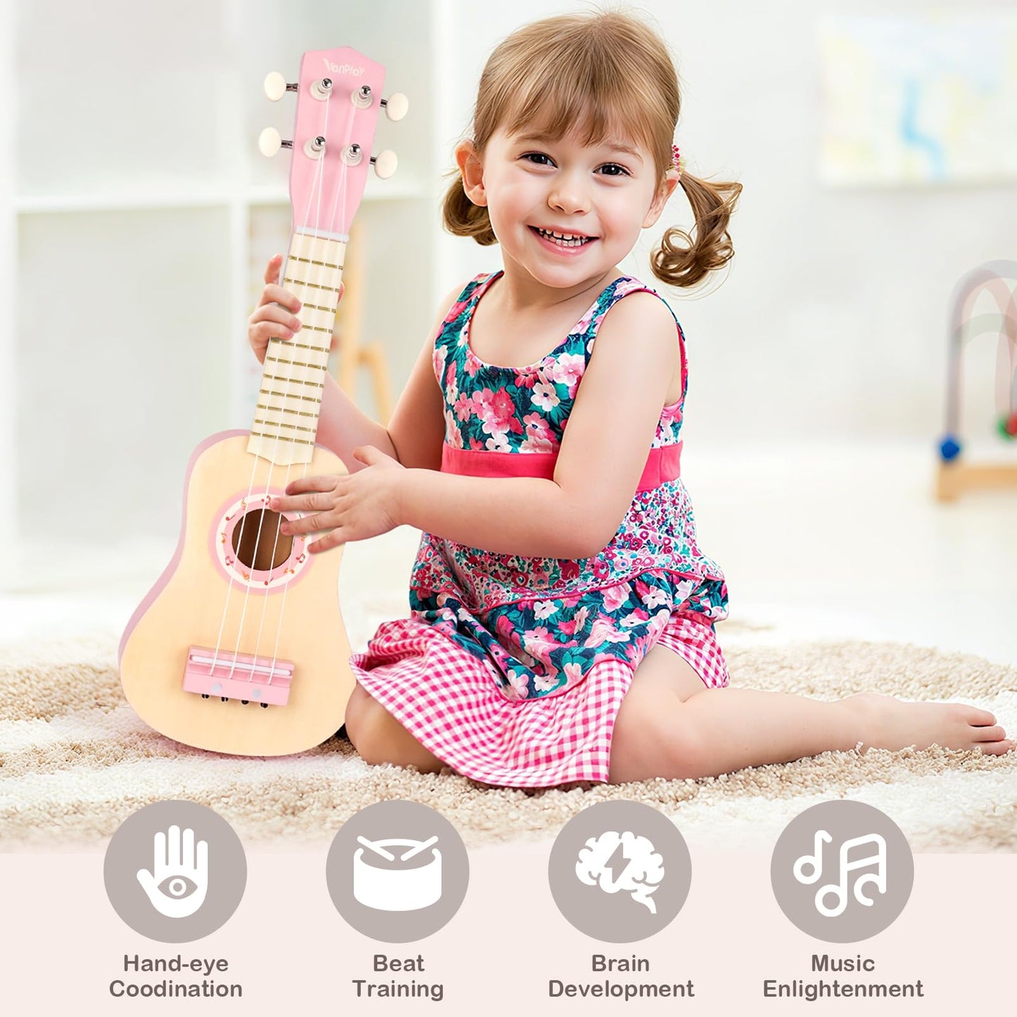 Vanplay Kids Guitar Set for Girls - 7-in-1 Wooden Montessori Musical Instruments (Pink)