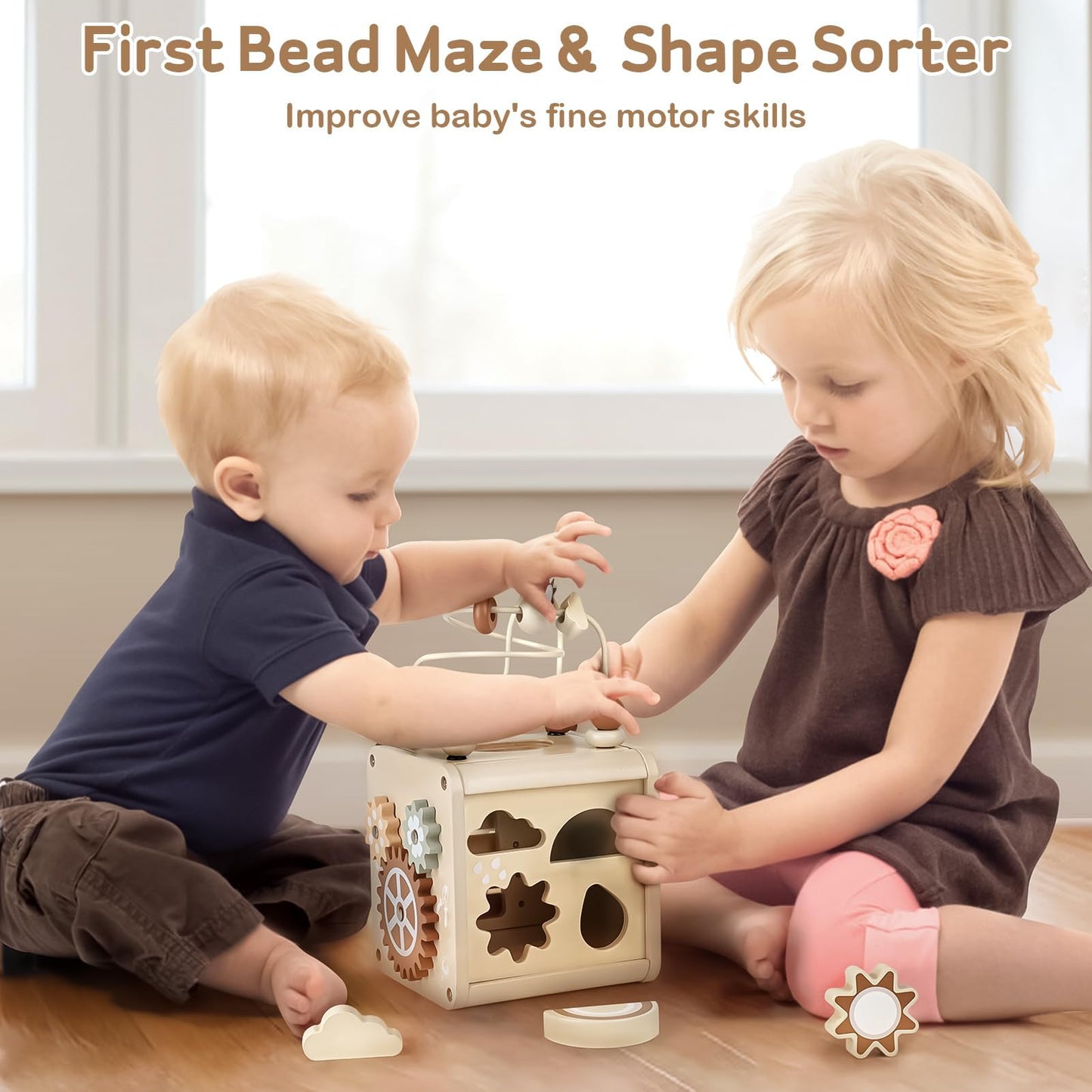 Vanplay Montessori 5-in-1 Wooden Activity Cube for Toddlers 1-3