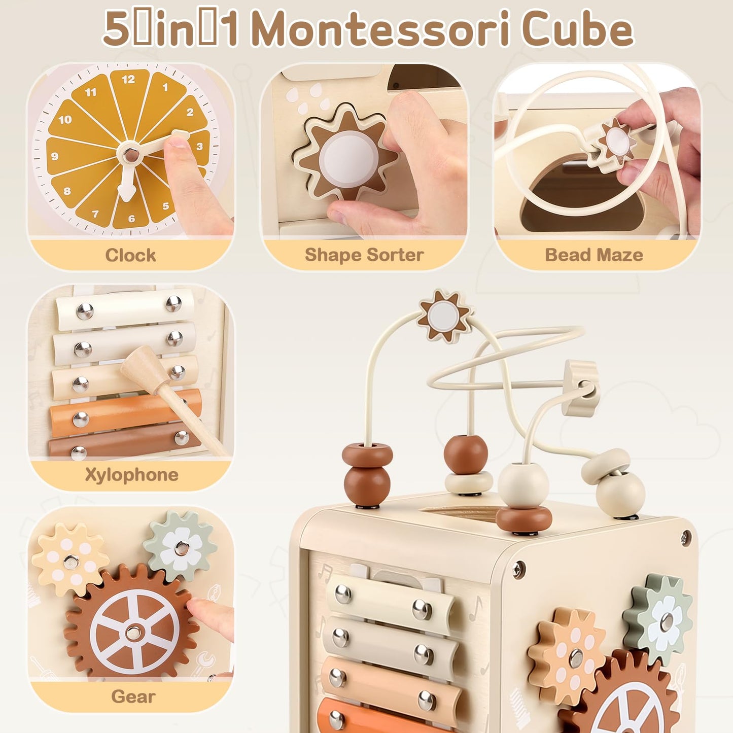 Vanplay Montessori 5-in-1 Wooden Activity Cube for Toddlers 1-3