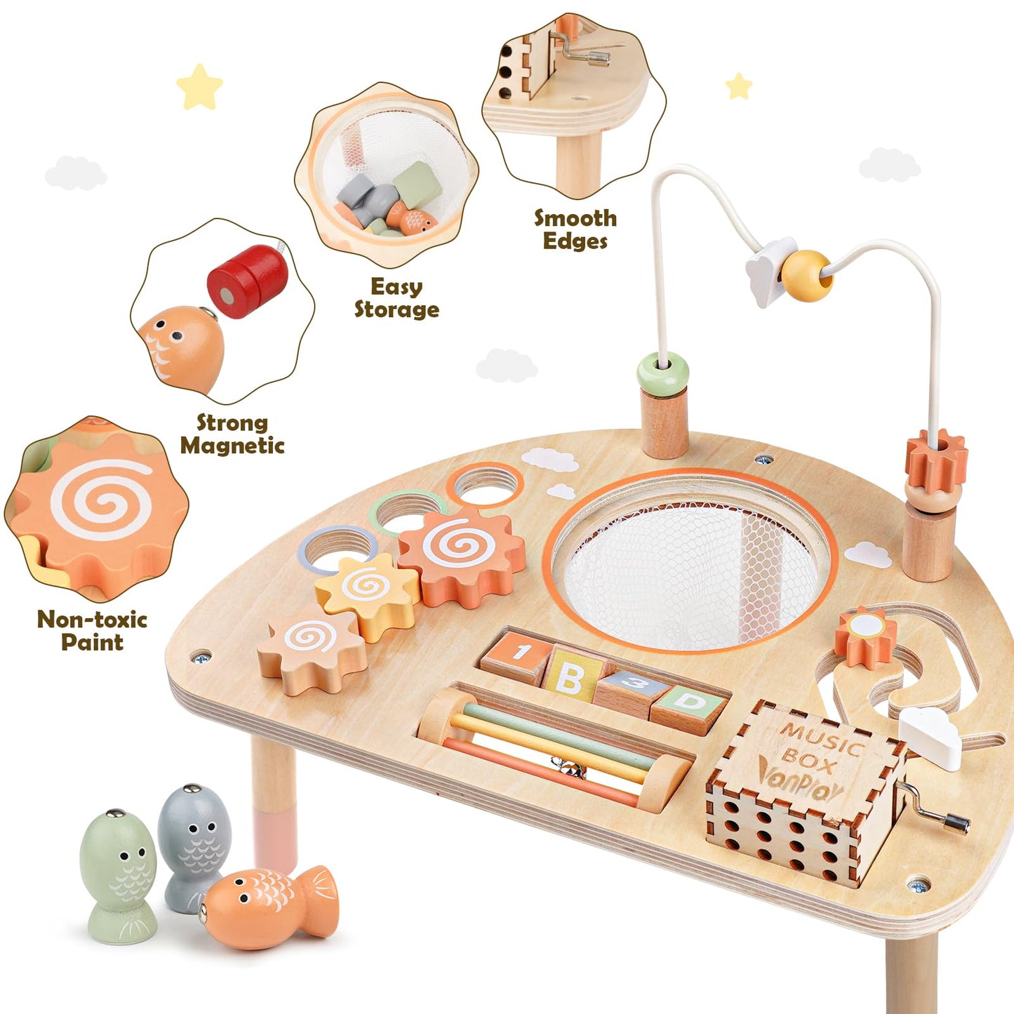 Vanplay 8-in-1 Wooden Activity Table for Toddlers – Montessori Sensory Learning Toy