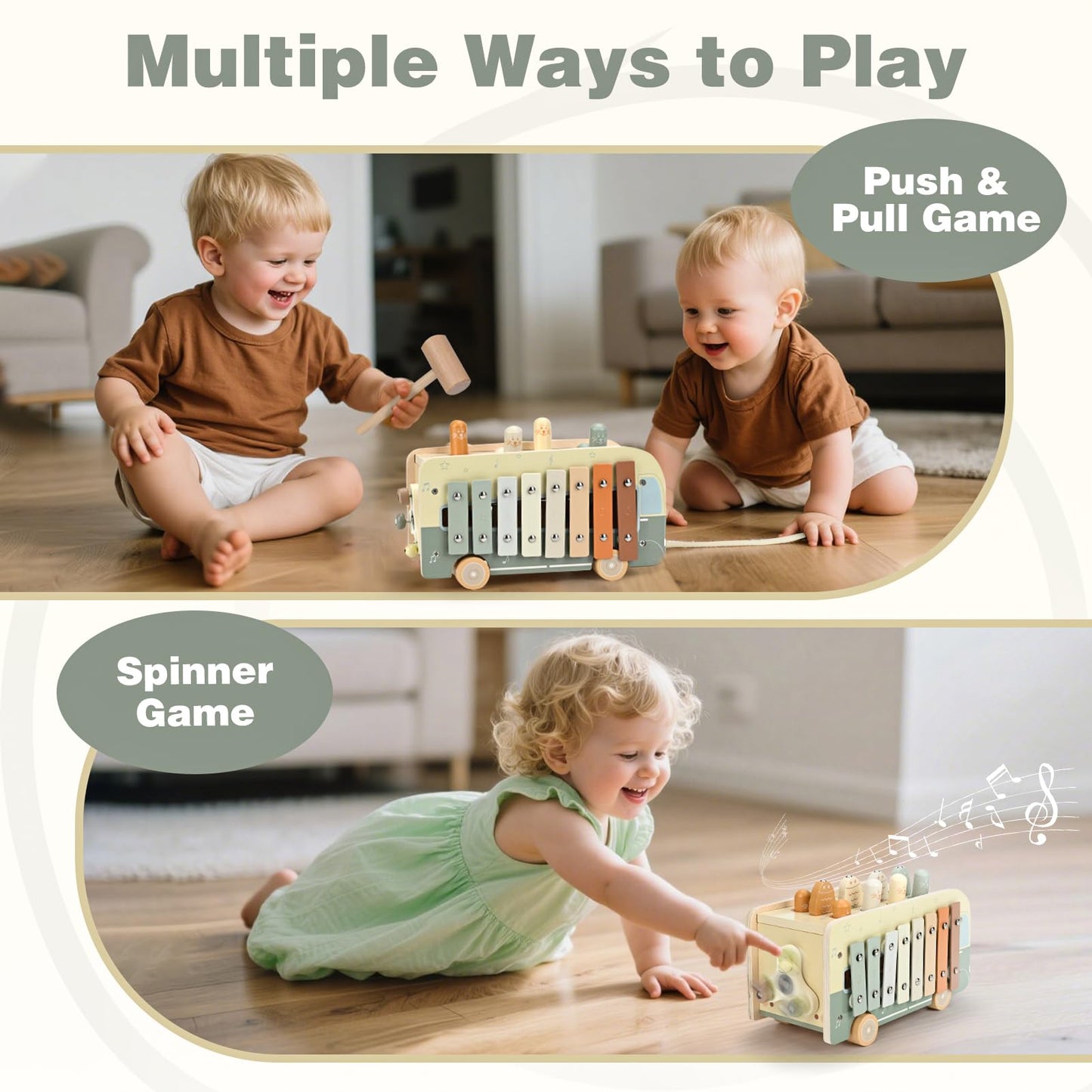 Vanplay Montessori 7-in-1 Wooden Toy for Toddlers 1 Year and Up – Hammering, Xylophone, Fishing & More