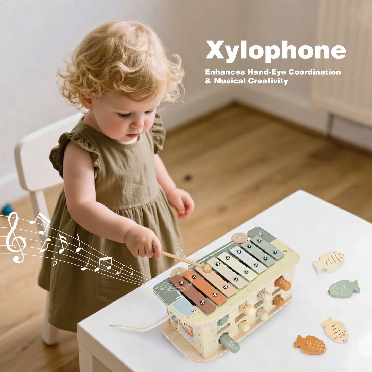 Vanplay Montessori 7-in-1 Wooden Toy for Toddlers 1 Year and Up – Hammering, Xylophone, Fishing & More