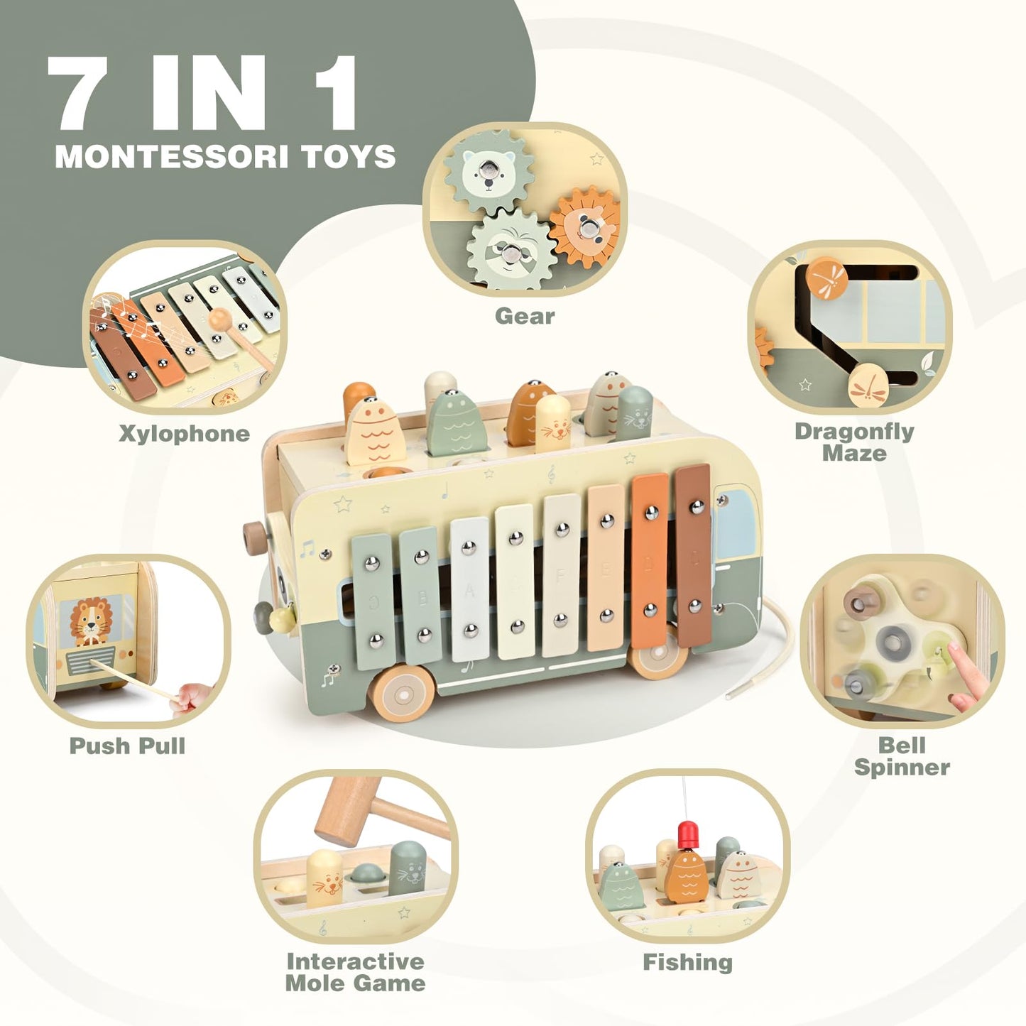 Vanplay Montessori 7-in-1 Wooden Toy for Toddlers 1 Year and Up – Hammering, Xylophone, Fishing & More