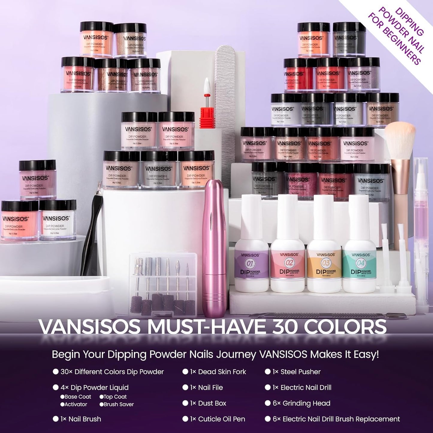 VANSISOS Dip Powder Nail Kit with Everything – 30 Colors, Base/Top/Activator, Nail Drill, At-Home Salon