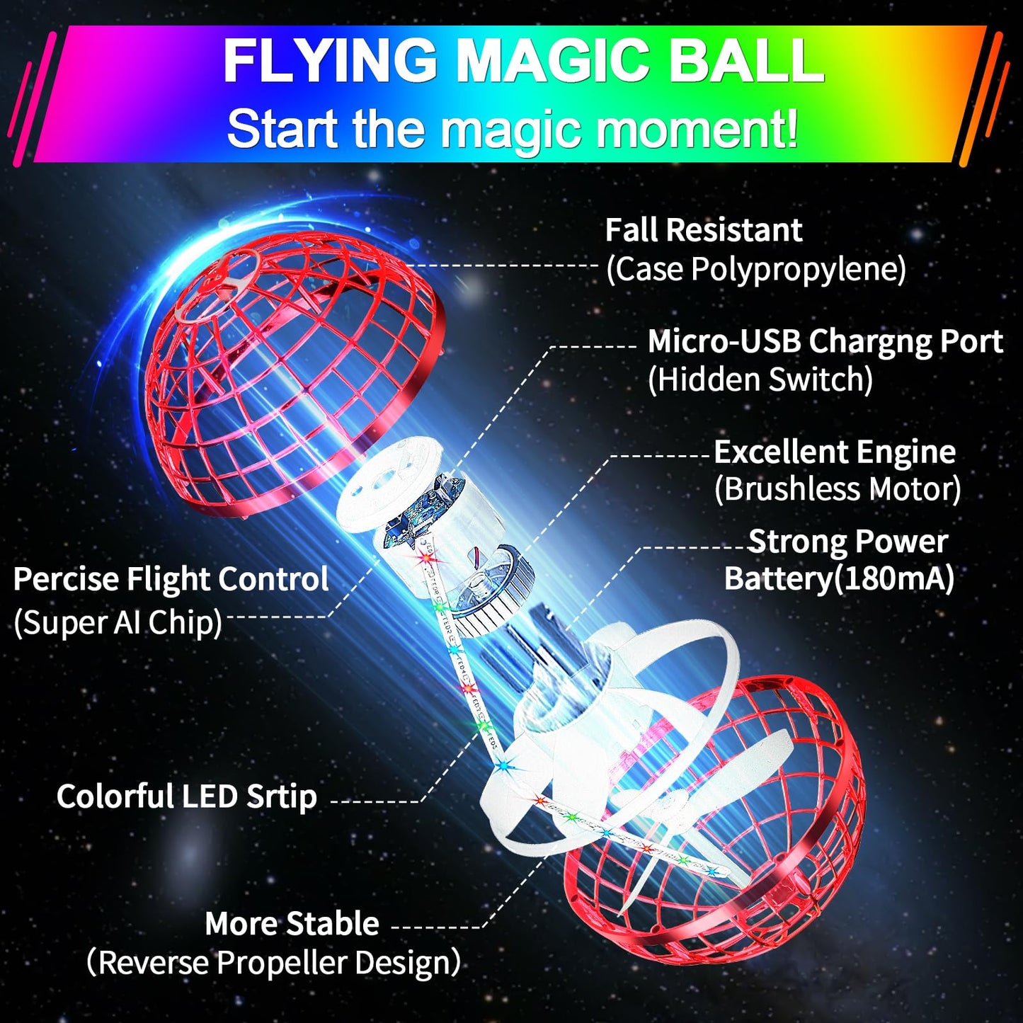 Vantexi Flying Orb Ball Toy – 2026 LED Parachute Boomerang for Kids (Bright Red)