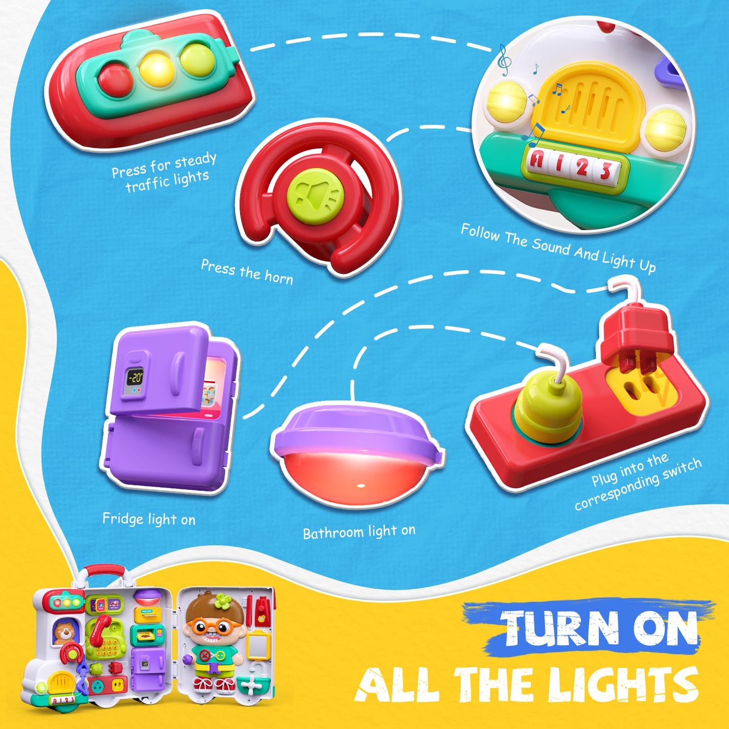 Vanvimen 54-in-1 Busy Board Montessori Toys | English & Spanish, 1-2 Year Old Gift