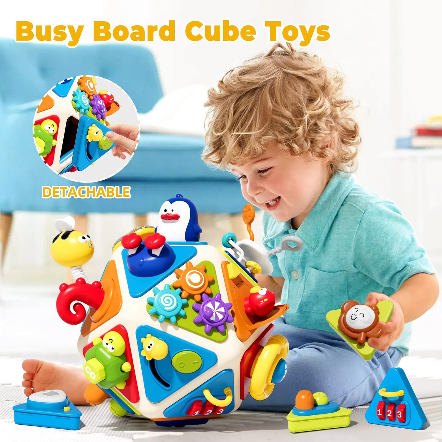 Vanvimen 20-in-1 Toddler Busy Board Cube | Montessori Sensory Toy for 1-3 Year Olds
