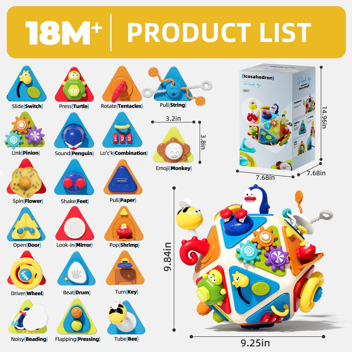 Vanvimen 20-in-1 Toddler Busy Board Cube | Montessori Sensory Toy for 1-3 Year Olds
