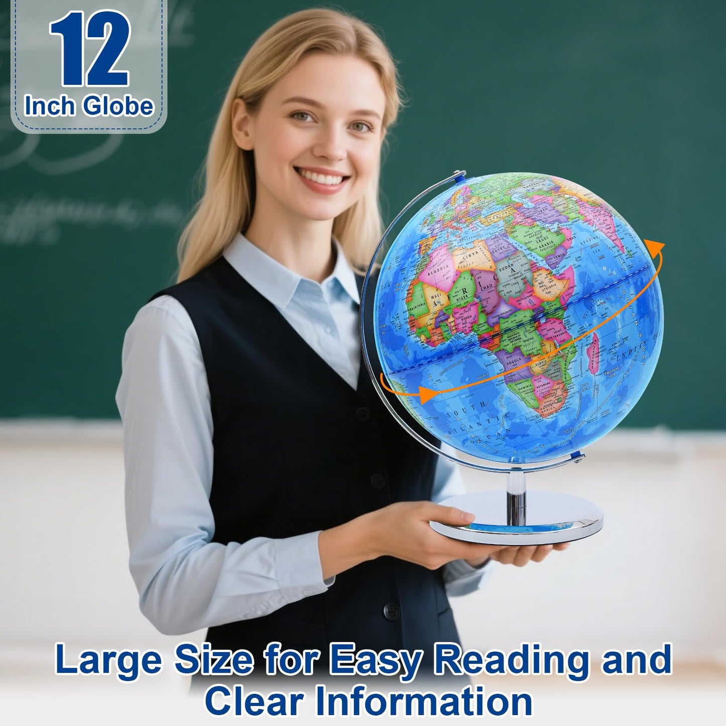 VAP World Globe 12-Inch – Interactive Spinning Earth Map for Students, Home & Classroom