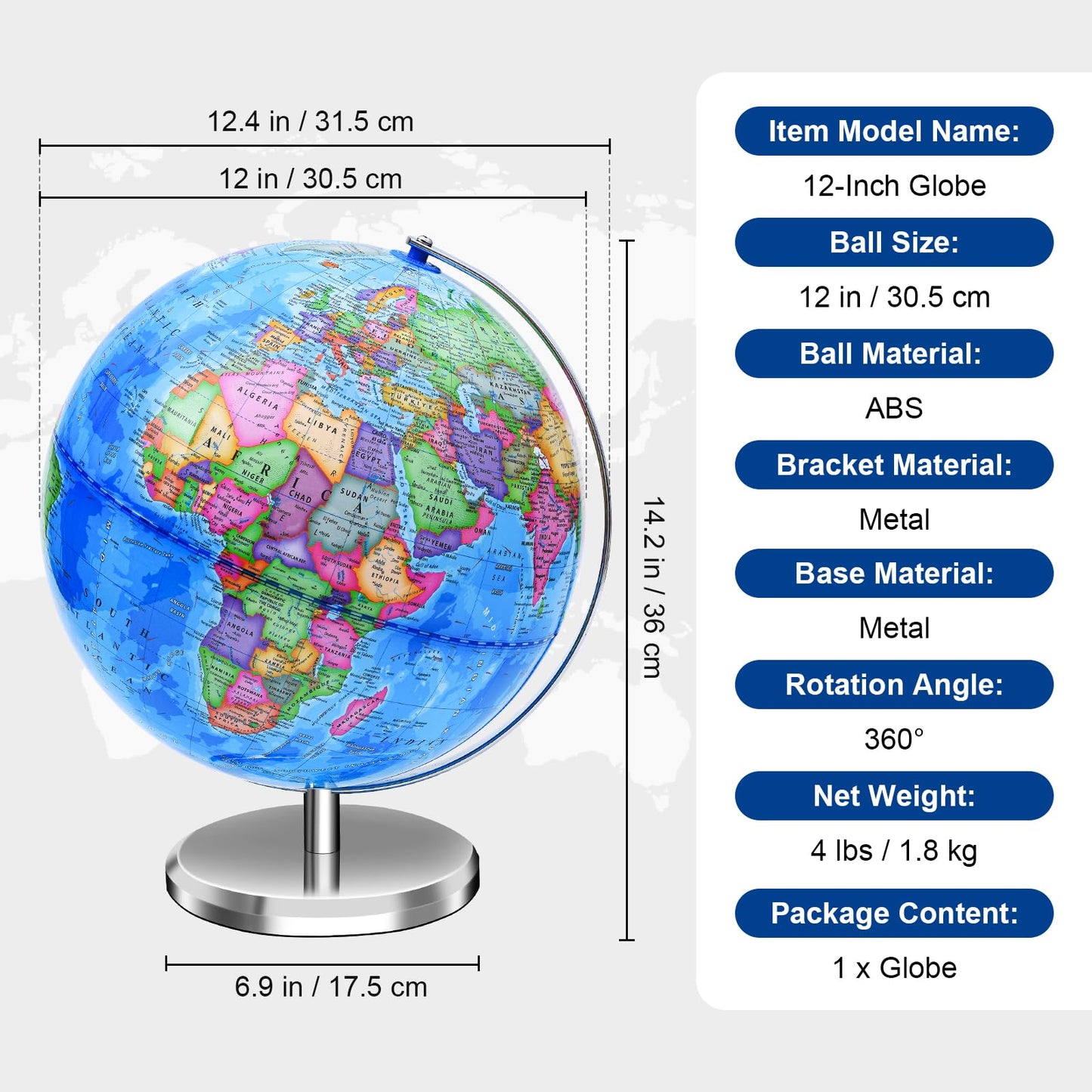 VAP World Globe 12-Inch – Interactive Spinning Earth Map for Students, Home & Classroom