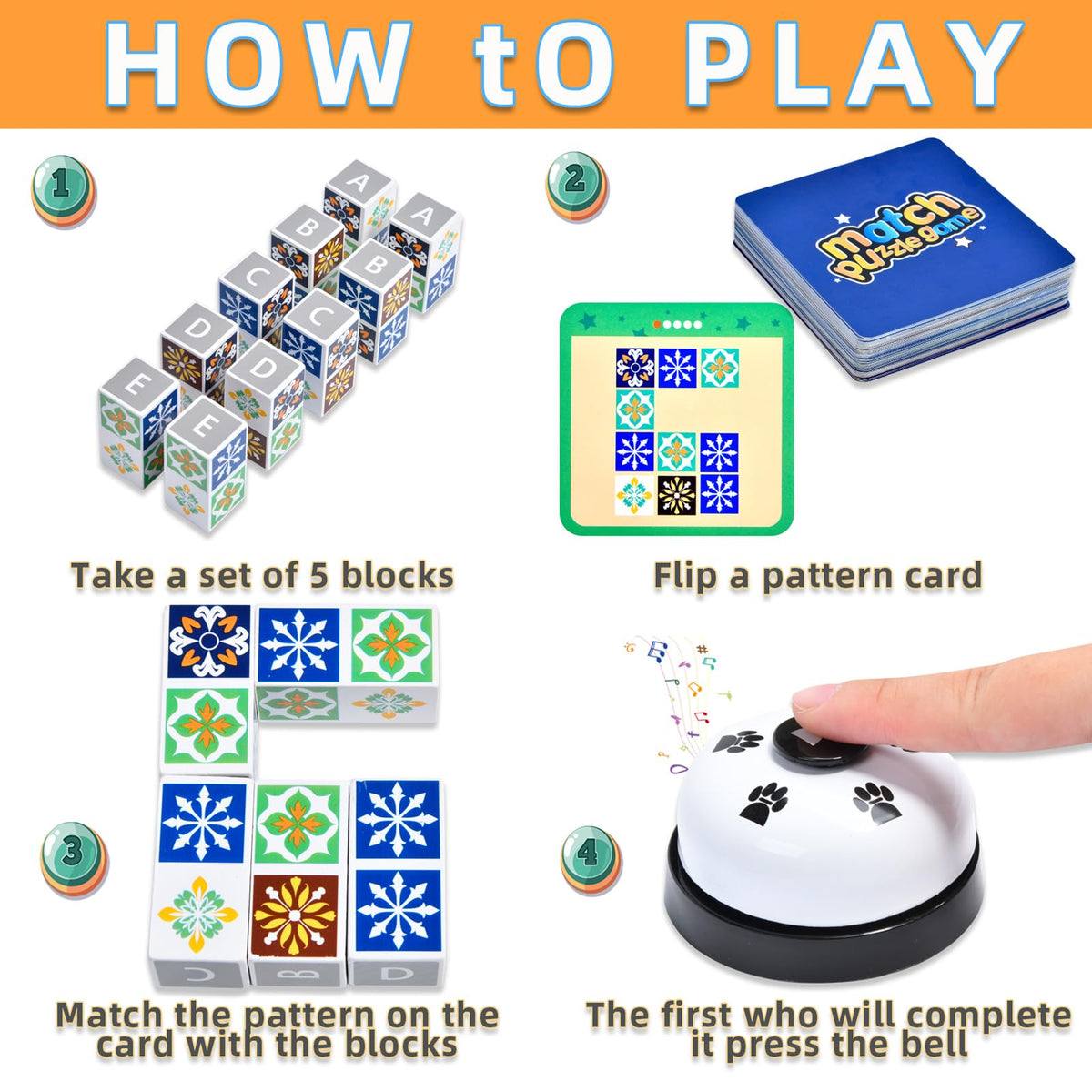 Varbertos Wooden Matching Game — Pattern Block Puzzles with Bell for Family Night