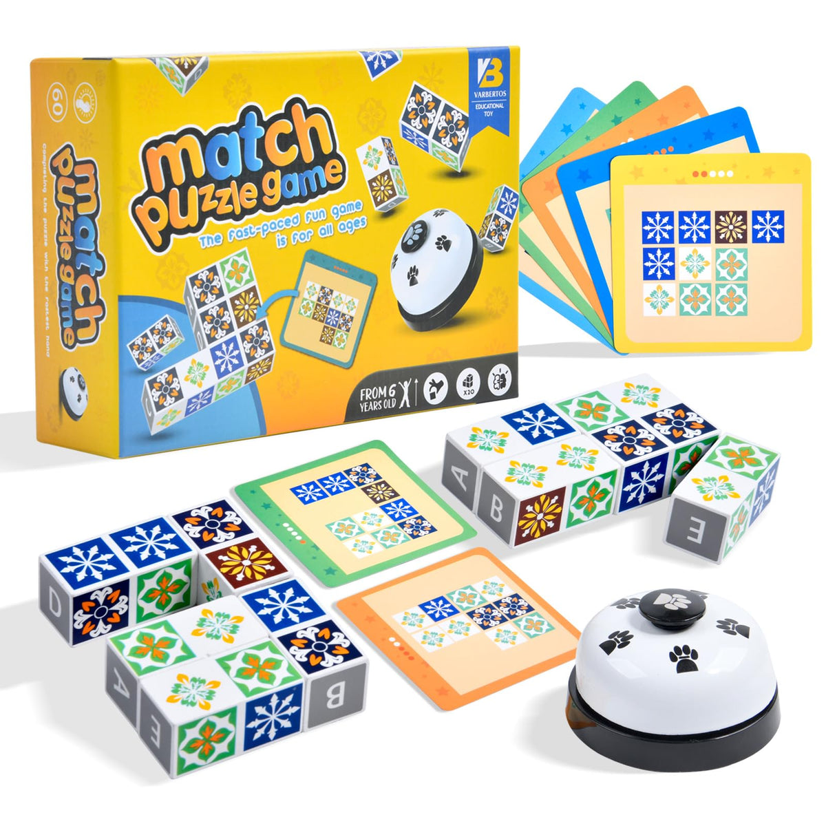 Varbertos Wooden Matching Game — Pattern Block Puzzles with Bell for Family Night