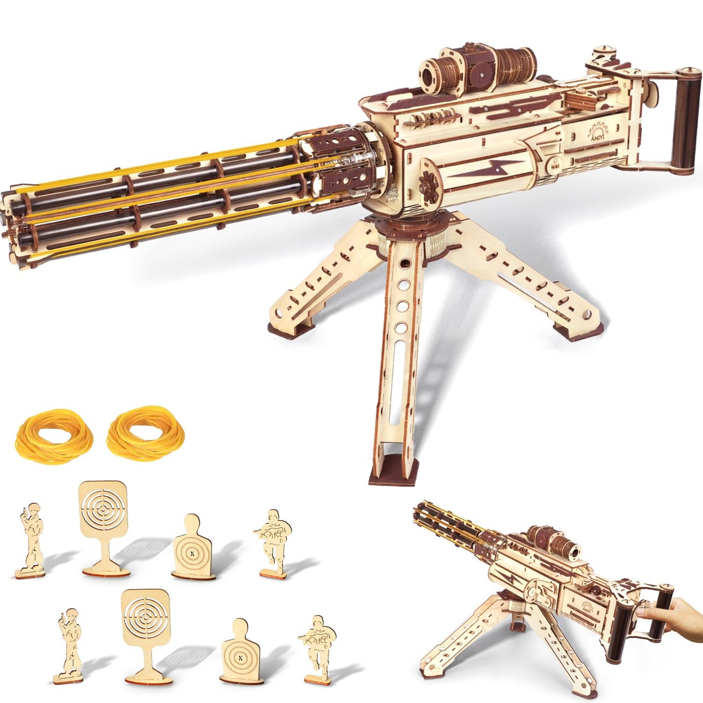 VATOS 3D Wooden Puzzle for Adults – 344-Piece Machine Gun with Rubber Bands | DIY Wood Model Kit (Ages 14+)