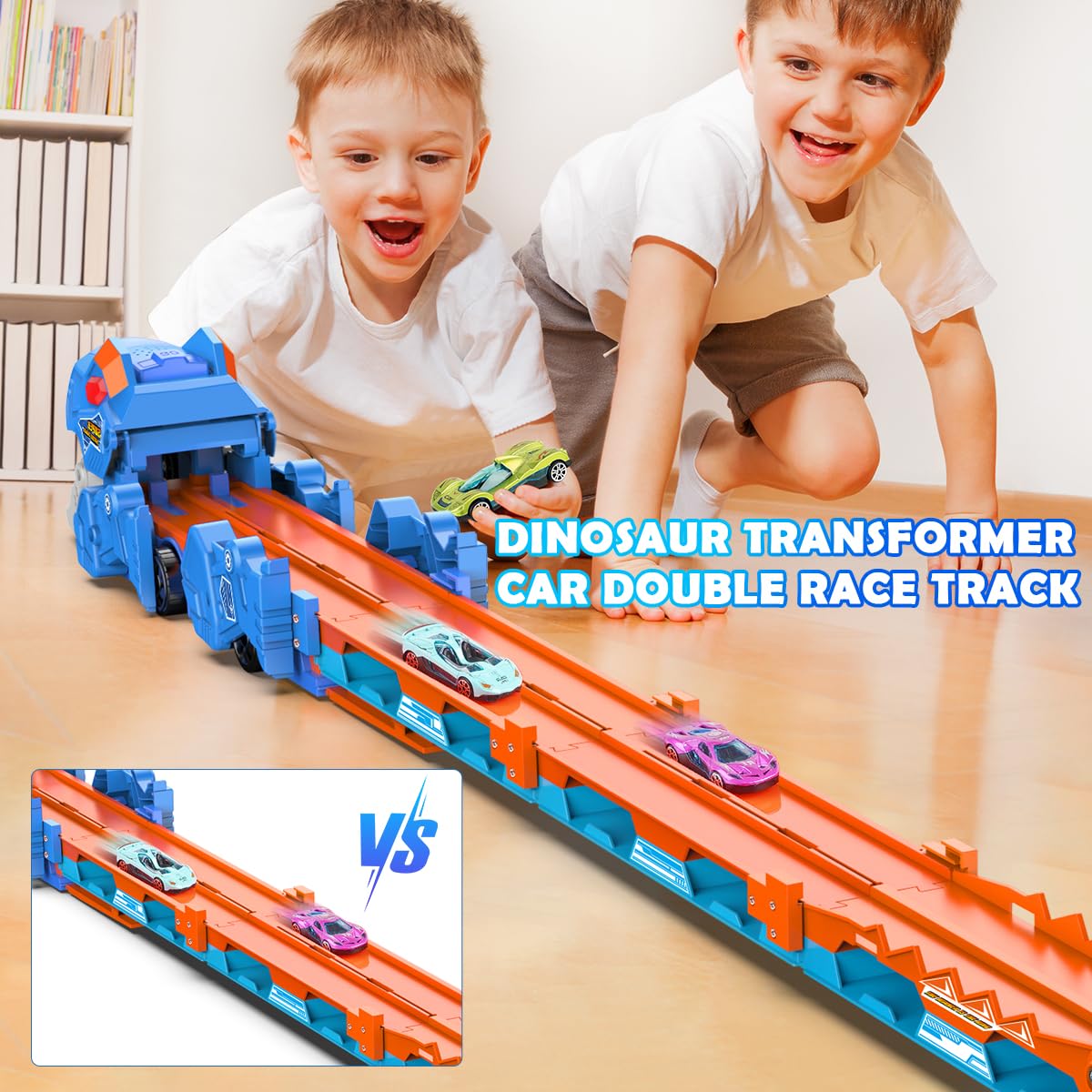 VATOS Toddler Truck Toy: Ejection Folding Dinosaur Track & 8 Mini Race Cars