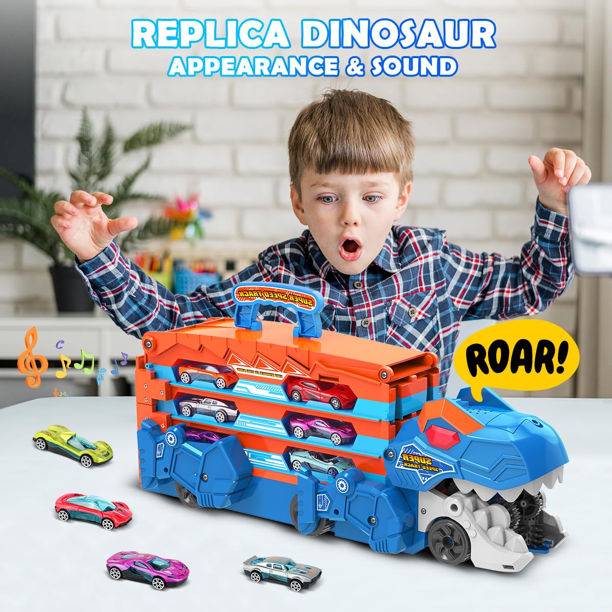 VATOS Toddler Truck Toy: Ejection Folding Dinosaur Track & 8 Mini Race Cars