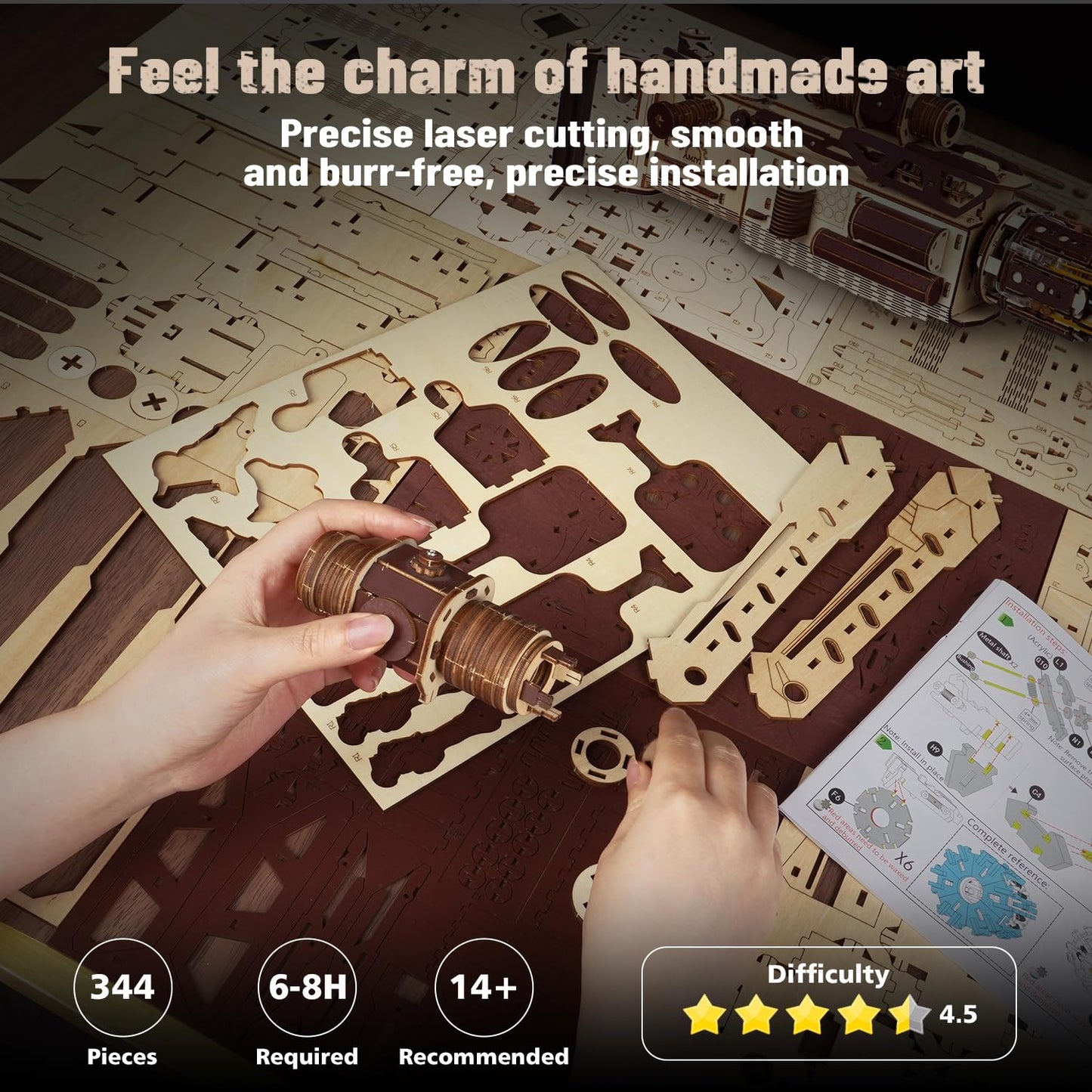 VATOS 3D Wooden Puzzle for Adults – 344-Piece Machine Gun with Rubber Bands | DIY Wood Model Kit (Ages 14+)
