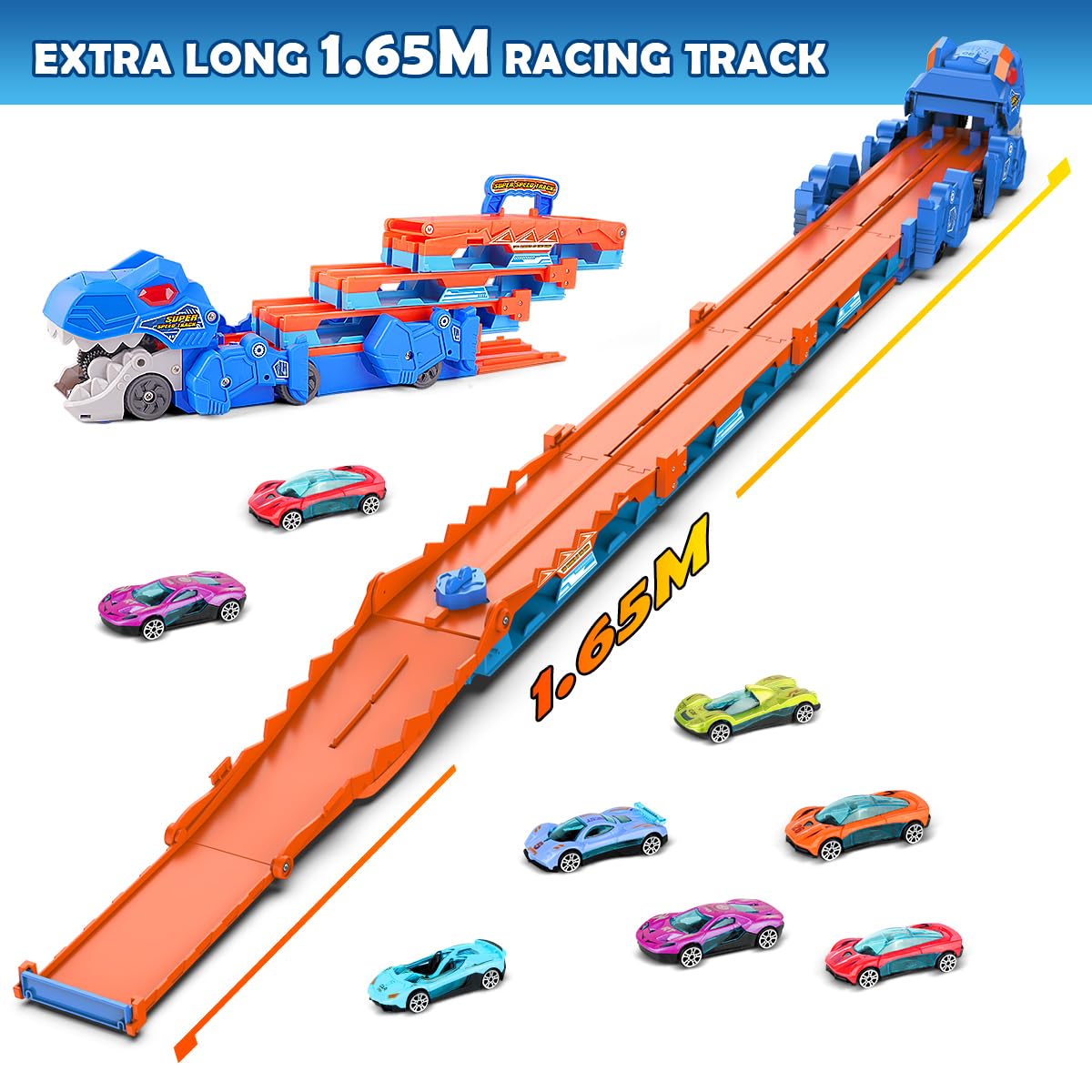 VATOS Toddler Truck Toy: Ejection Folding Dinosaur Track & 8 Mini Race Cars