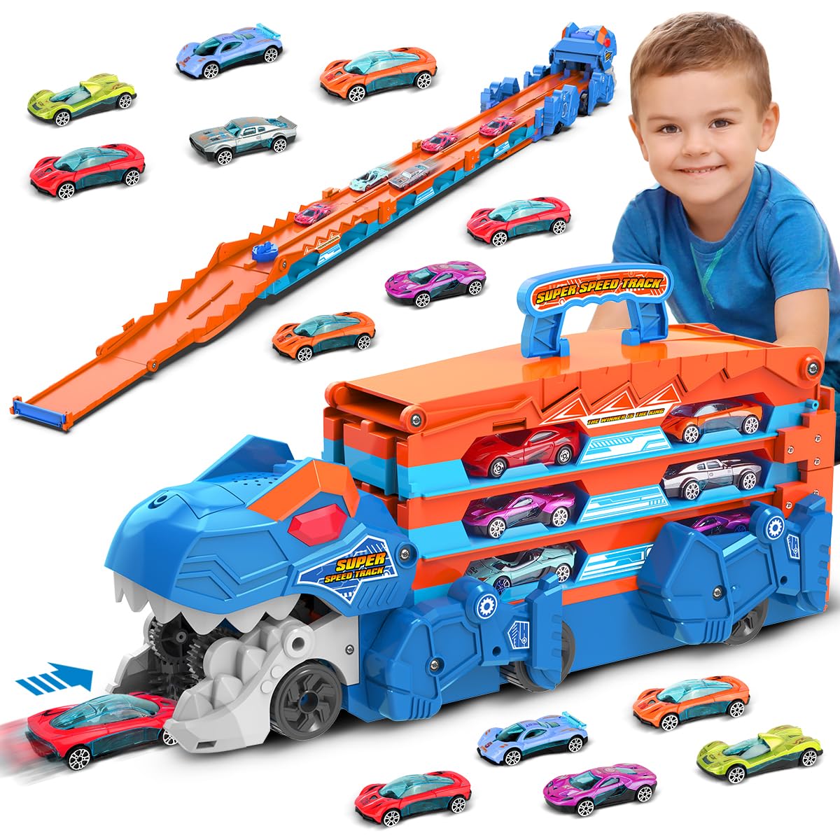 VATOS Toddler Truck Toy: Ejection Folding Dinosaur Track & 8 Mini Race Cars