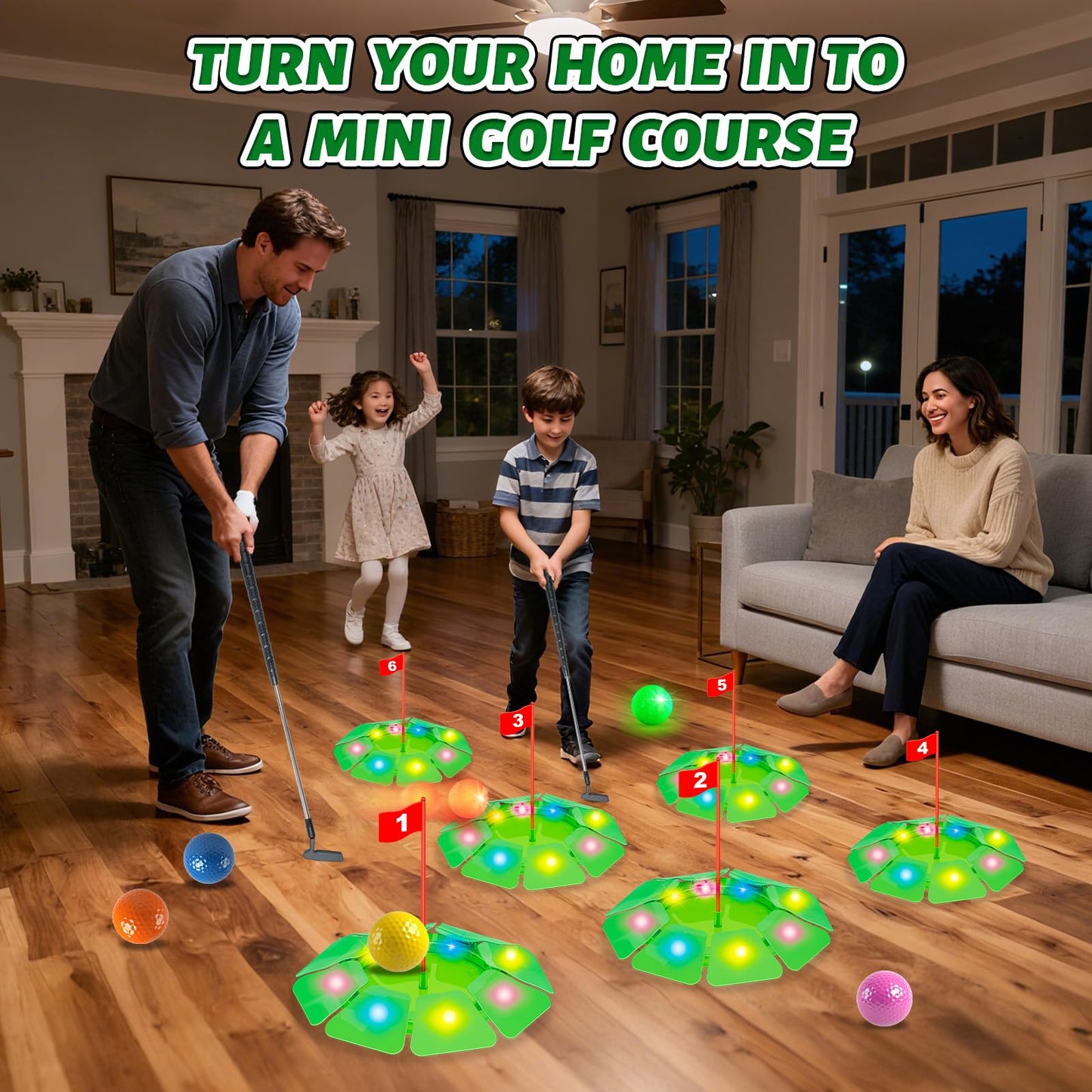 VATOS Light-Up Golf Putting Game Set — Glow Holes, 6 Balls, Extendable Putter