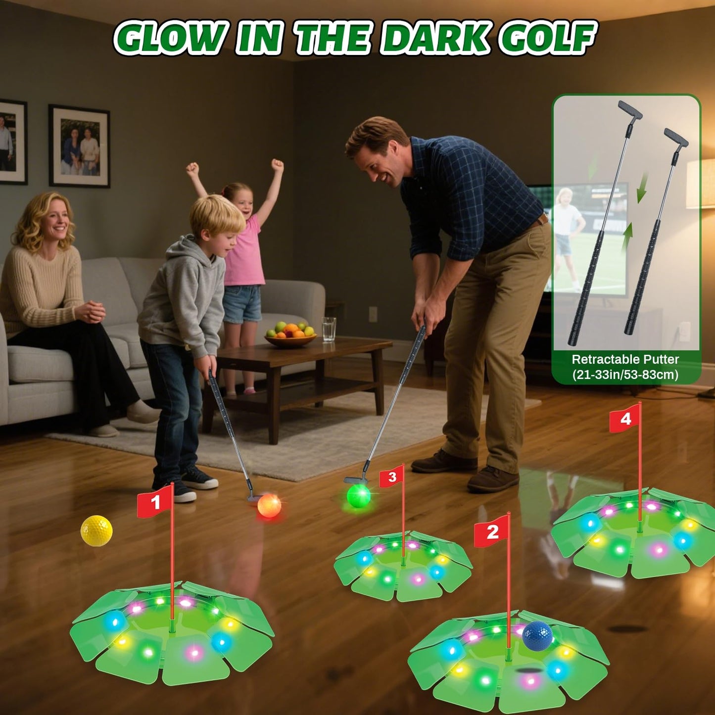 VATOS Light-Up Golf Putting Game Set – Glow Mini Golf with 4 LED Holes, 4 Balls (2 Glow), Extendable Putter
