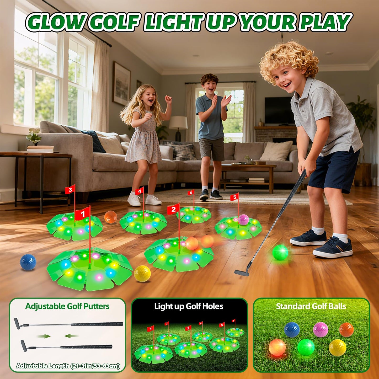 VATOS Light-Up Golf Putting Game Set — Glow Holes, 6 Balls, Extendable Putter